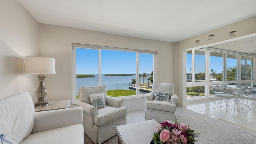 GORGEOUS BAYFRONT PENTHOUSE VIEWS Nestled in the heart of a vibrant Longboat Key Community, this stunning two-bedroom, two-bathroom condo offers unparralled water views of Sarasota bay, creating a great backdrop for both sunrises and sunsets. Step inside and be captivated by the breathtaking scenery and spacious design that blends coastal living with sophistication. Beautifully renovated with new floor to ceiling hurricane windows, this condo seamlessly integrates the living and dining areas with an open kitchen featuring stone countertops, custom cabinets and new Stainless steel appliances. The light-filled primary bedroom boasts two closets, one being a walkin complete with built in ample storage. Both bathrooms have been tastefully renovated, offering a spa-like ambiance that invites relaxation. Take in manatee and dolphin viewing from the expansive Florida Room or relax in style looking out the huge picture window as the sun rises over the bay. This professionally managed, pet friendly community offers an array of amenities including 26 acres of landscaped ground, 2 marinas, 2 heated pools, tennis courts, pickle ball courts, state-of-the art Fitness Center, library and Community Clubhouse. Take advantage of the Deeded Beach Access just steps away. With its prime location, stunning views and extensive amenities, this property represents a rare opportunity to embrace the best of waterfront living. Schedule your private showing today.