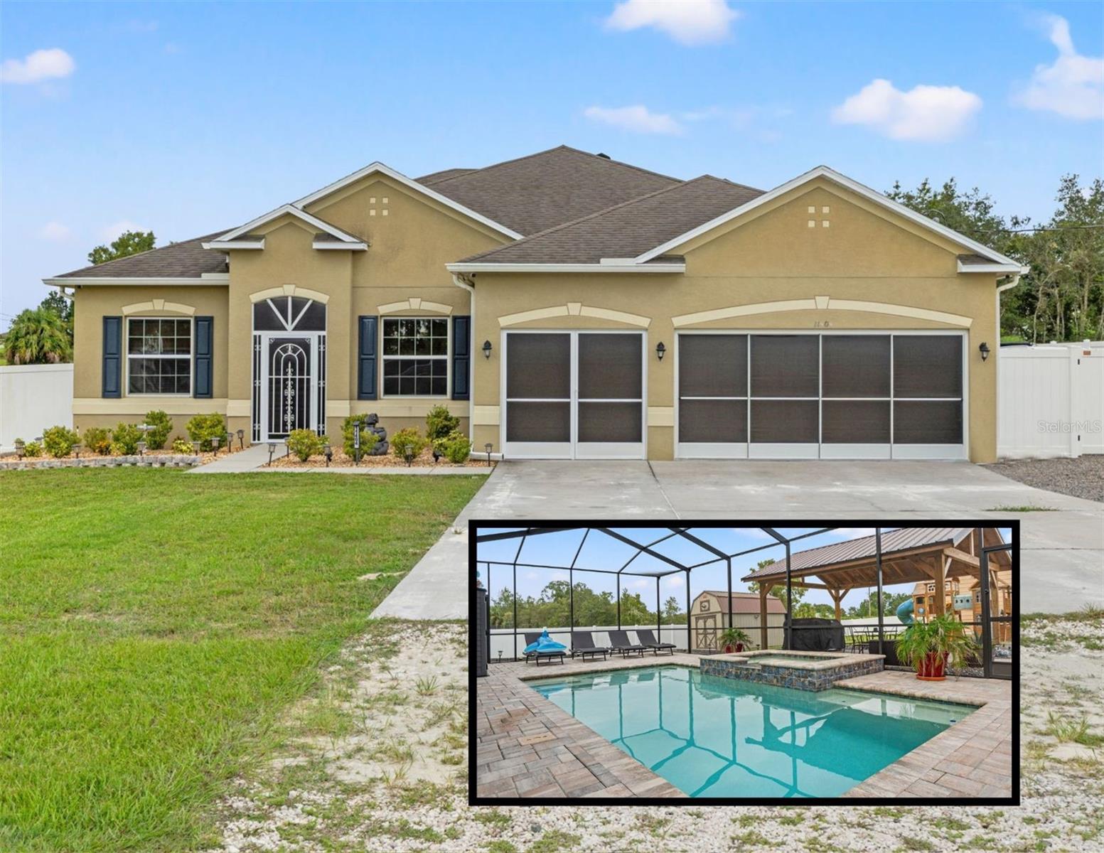 Welcome to your own private paradise! This beautifully updated 4-bedroom, 3-bathroom, 5-car garage, pool home offers the perfect blend of comfort, luxury, and functionality—nestled on a spacious ½-acre lot in sunny Hernando County. Step into the resort-style backyard oasis— a true entertainers dream! The heated pool feature a large built-in bench for ultimate relaxation, an added perk, the spa waterfalls into the pool— creating the perfect background to unwinding after a long day! The expansive paver patio offers both covered and open-air spaces, perfect for use year-round. Enjoy cookouts, gatherings, or peaceful mornings under the oversized gazebo, surrounded by lush landscaping and a fully vinyl-fenced backyard (2022). Car enthusiasts and hobbyists alike will love the additional 2-car garage (720 sq ft - 24x30), fully equipped with electric, a painted floor and a Tuxedo lift (with 9,000 lbs capacity). Extra outdoor features include a full house Generac generator (2020), full house water softener (2025), gravel driveway in both front and back, additional concrete slab, and a storage shed with electric—not to mention a playground and impeccable curb appeal. Inside, the home is equally as stunning, be greeted with a beautifully updated interior. With luxury vinyl floors throughout, a thoughtful floor plan and beautiful natural light, this home just longs for you and your personal belongings! The entryway opens to a separate office, with double doors, an open dining room and an oversized living space butting up to the chef's kitchen— remodeled in 2020, boasting with quartz countertops, wood cabinetry, stainless steel appliances-- with a state of the art Samsung refrigerator (oven 2025), and a cozy eat-in dining space. The owner's retreat, a true sanctuary— offers a peaceful escape, with tray ceilings, complete with a spa-inspired en suite bathroom offering a soaker tub, walk-in shower, double vanity, and two closets—one with custom built-ins. The tri-split floorpan, gives three additional bedrooms, all generously sized, offering comfort for family or guests while two updated guest bathrooms provide modern finishes and convenience. You'll love the spacious laundry room with extra storage, perfect for keeping things organized and functional. The home also includes keyless entry, Ring doorbell, and a full interior and exterior camera system for peace of mind. With tasteful upgrades throughout, this home offers both style and substance, making it a must-see! Call today for your private showing!