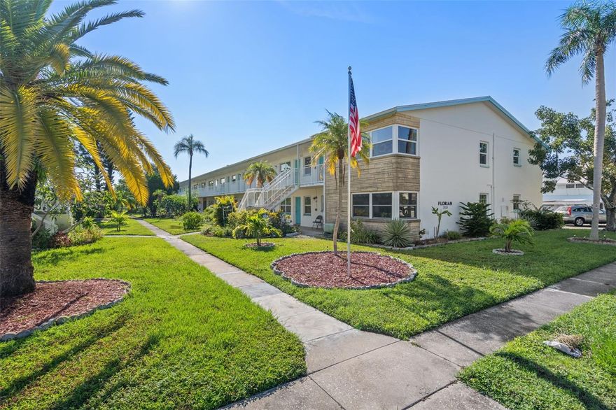 Fully Furnished 55+ 2nd floor unit. Spacious 2 bedroom 1 bath very nicely updated condo in the Florian building. The Florian was rebuilt in 2010 providing residents an updated and upgraded electrical system, beautiful kitchen cabinets and newer windows and doors. The Florida Room is fully enclosed with heat and air and becomes a very comfortable sitting room off the primary bedroom and kitchen. The second bedroom has its own access to outside making it easy for guests or a second renter to enter or depart. Town Apartments North Complex is conveniently located near walkable shopping, approximately 15 minutes to downtown St. Pete, 20 mins to the beaches, and 20 minutes or less to the Tampa Airport. The heated swimming pool, shuffleboard courts, owners recreation room, corn hole, outdoor BBQ area are a quick walk from the unit. The complex also hosts various social activities including dances, holiday dinners, and bingo just to name a few. This is a 55+ community. Call owner directly for questions or to schedule a showing.