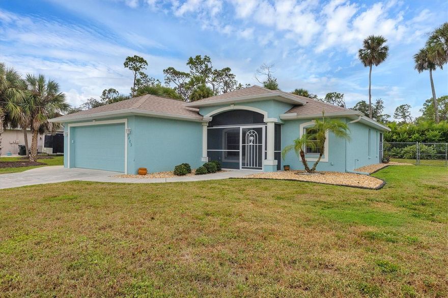 Step into this beautifully updated 3-bedroom, 2-bath home designed for comfort, style, and peace of mind. The open layout features ceramic plank flooring throughout the main living areas, quartz countertops in both the kitchen and bathrooms, and elegant 5 ¼” baseboards that tie the spaces together.

The kitchen is a true standout, complete with stainless steel GE appliances, an induction stove, soft-close cabinetry with pullout shelves, under-cabinet light rail, and a sleek I-KTCH range hood with remote or gesture controls. A reverse osmosis water system adds convenience and quality to everyday living.

The owner’s suite offers dual closets and direct access to the screened lanai, providing a private retreat overlooking the landscaped yard. Additional features include hurricane impact windows and doors rated at 145 mph, Kevlar window covers for extra protection, a Samsung washer and dryer, a detached storage building for added functionality, and the home is coming partially furnished. AND there are NO CDD or HOA fees.

With thoughtful upgrades inside and out, this home is move-in ready and waiting for its new owner to enjoy. Call today for a private showing!