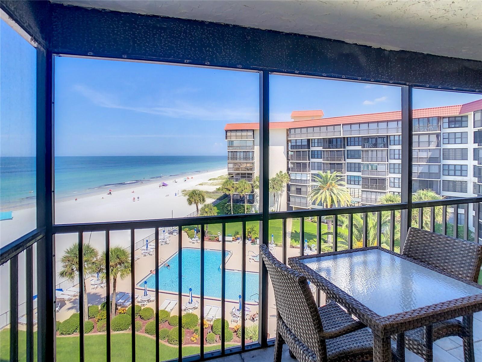 Available Beginning January 1, 2026 for $6500/Month with 90-day minimum. Spend the Spring in this beautiful 5th Floor two bedroom/ two bath condominium at The Shore Mariner. Panoramic views of the beach and Gulf of Mexico promise the most spectacular sunsets every evening. Overlooking the huge heated pool and sugar sand beach you will feel like everyday is a vacation. This delightfully updated unit features a huge kitchen with granite countertops, an open breakfast bar, built in desk, pendant lighting and deep storage drawers. Entertain new friends in your chef’s kitchen with built-in double ovens, stainless steel appliances and extra deep sink. Don't miss the full-size Bosch Axxis washer and condenser dryer located in the guest bedroom closet. Warm, wood flooring in the living and dining areas. The hall bathroom has been updated with granite countertops and a large step in shower. The master bedroom has an ensuite bath with step-in shower, granite top vanity, and a huge walk-in closet and sunny beach views. Relax on your screened patio with the most amazing sunsets over the Gulf of Mexico. No popcorn ceilings here - the ceilings have been artfully remodeled with a textured for a contemporary look. Fully furnished and ready for quick occupancy. The Shore Mariner offers an active and friendly beach lifestyle. With two lobbies, fitness center, sauna, heated pool and spa, shuffleboard, community BBQ grills, reading library, billiards, card room, three elevators, an abundance of guest parking and dedicated storage units. Assigned under building parking space #44 right next to the elevator and stairwell. Plenty of guest parking for friends and family. This welcoming condominium community offers an active social calendar and is the perfect place to escape the cold winters. The Shore Mariner is a 55+ community.