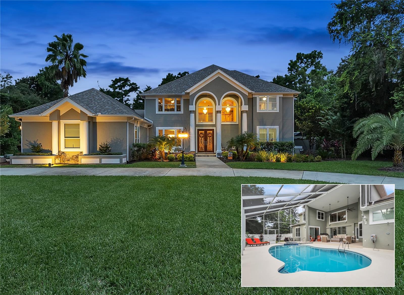 One or more photo(s) has been virtually staged. Restored to better than its original splendor, this, OVER 1 ACRE, custom Pool Estate Home in the sought after gated community of BROADWATER, in Ormond Beach, Fl. is BETTER THAN NEW. With NEW ROOF in '23, NEW WINDOWS & SLIDERS in '23 (with lifetime warranties), NEWLY PAINTED in & out, NEWLY FINISHED LANAI in '23, NEW PAVERED FRONT PORCH in '23, NEW HOT WATER HEATERS in '24, Restored septic w/ NEW TOP in '23, new 250 Gallon propane tank '25, New POOL HEATER in '24, new POOL CONTROLS wi fi '25,newly TILED & RESURFACED POOL in '25, GE MONOGRAM appliances & newly serviced A/C units. As you enter the very large circular dr, you pass through mature and newly landscaped ('23) yard with its newly installed fountain that centers the massive front yard. To the left is the oversized 3 car garage with its own "courtyard" driveway offering even more parking, when needed. As you approach the front entry, you walk through the newly landscaped and pavered front porch ('25) and are greeted by new, massive 8' custom glass, double front doors, that hint to the quality and value, of this amazing estate home. Massive and elegant foyer with 20' ceilings give way to an amazing wood stairway and living room with built in shelving, wet bar and pocket sliders opening to the pool-the view from the front doors is amazing. Ceiling fans well-appointed, everywhere (at least 10) To the right, formal Dining w/amazing fixtures. To the left is the gourmet kitchen with 6 burner gas stove, wall ovens, a pantry big enough to live in, professional chimney hood vent, subzero style fridge/freezer and dishwasher-pro level Monogram by GE. wall oven. Beyond the Soapstone solid counters and breakfast bar w/vegi sink, is the well-appointed Family room with remote control gas fireplace as the centerpiece, framed by high windows, built in shelving and new sliders, letting in lots of light and leading you to the outdoor entertainment area. Large, covered lanai offers a full summer kitchen with gas grill, fridge, sink and burner, and a gas firepit to warm those cozy outdoor gatherings. 15x30, newly surfaced & tiled, Solar & gas heated pool w/spa is something to always look forward to. To the side of the kitchen and family room is an elegant breakfast nook bordered by decorative niches. The master and a guest room compliment the first floor. Master bath has jetted tub, upgraded shower, water closet & bidet room, and separate granite vanities & master bedroom opens to lanai as well. All tile floors down, wood floors up, no carpet in this home. Up the elegant wood stairs reveal the bridge to the second master/train/rec room with it's in suite bath, 148 sq ft storage closet and spiral service stairs to kitchen. 2 other guest BRs share the Jack and Jill bath and another BR with it's own bath, complete the hardwooded 2nd flr. Laundry has upgraded sink, cabs, & closet for practicality and don't forget the OVERSIZED 3 CAR GARAGE (39'x23'), w/high ceilings and built ins and attic stairs and space. Irrigation well on timer will keep landscape beautiful. The 2nd master photo (aka train rm) is virtually staged. At $272/sq ft, not only is this one of the most elegant and functional homes on the market, it is a great value as well. Don't forget the common walk to the dock on the Tomoka River. Close to shopping,Golf, Tennis, Beaches, & Houses of worship... St Augustine, Daytona, Winter Park Punte Verdra, Jax and more..., Come see for yourselves as this one will not last.
