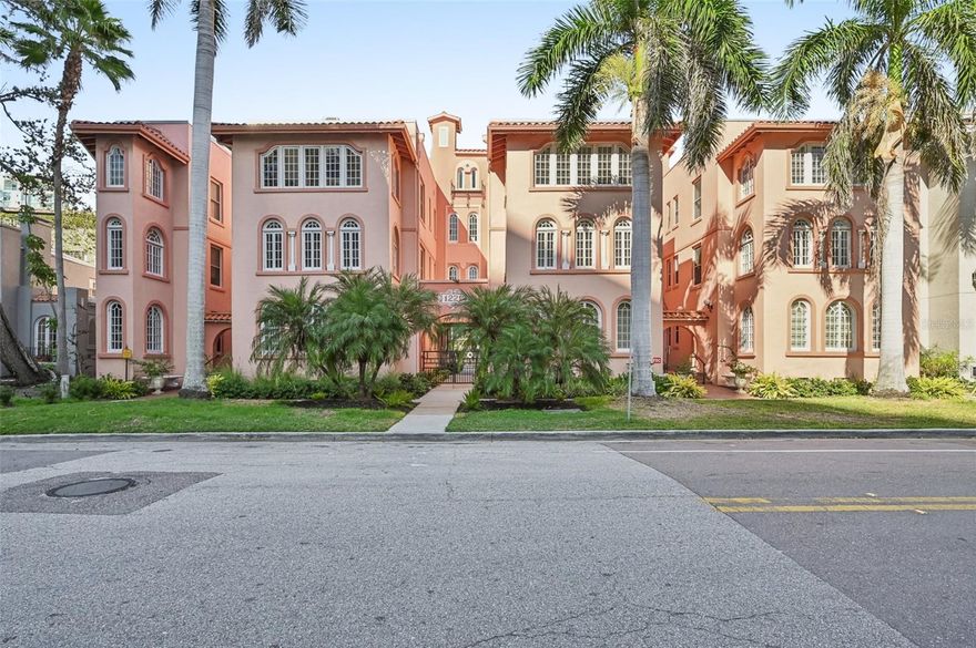 Wonderful opportunity to own a charming piece of Sarasota History in a prime location at an incredible value. This one bedroom, one bath floor plan with a gorgeous sun room (ideal for a den or study) is located in the Frances Carlton building, a designated Historic Sarasota Structure, built in 1924 in the Mediterranean Revival style.  The condo community has only 20 residences and offers a lovely community pool, outside gathering area and a gated parking lot with designated parking spaces.  Step into this condominium and imagine the possibilities.  Your Great Room is spacious and open to the delightful light-filled Florida Room with arched Palladian windows. Your Primary Bedroom has 3 large windows and a built-in closet.  The bathroom features a large tub with shower and your kitchen is well laid out and functional.  There is a washer/dryer combo in the kitchen as well.  This condo also offers an inside storage area.  The condo features beautiful wood-plank laminate in the living areas and tile in the kitchen and bathroom. The A/C was replaced in 2025. Walk to the Sarasota Waterfront and enjoy lunch at Marina Jacks or stroll to Main Street, the Selby Library, theaters, galleries, restaurants & coffee shops and everything beautiful Downtown Sarasota has to offer. Close to world class beaches and St. Armands Circle as well. Frances Carlton has a wonderful ambiance and is a well managed condominium complex with excellent security. It is also the first condominium building in the state of Florida to have passed the Structural Integrity study.  Schedule your showing today!