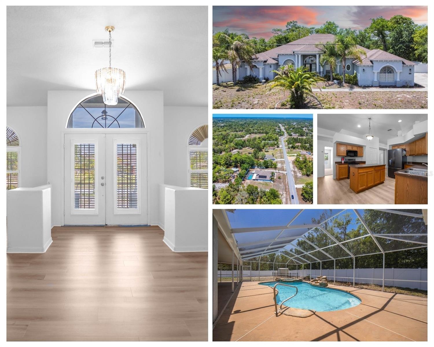 As a special incentive, the sellers are offering $10,000 in concessions to help make this stunning home even more of a YES! Nestled atop a serene, high-elevation lot approaching an acre, this exquisite 4-bedroom, 3-bathroom estate in sought-after Hernando County offers over 3,500 square feet of thoughtfully designed living space — all on a single story, blending timeless elegance with modern functionality.
Step inside to soaring 12-foot ceilings and a split floor plan that effortlessly balances privacy with open, flowing living areas. Recent updates include new wood-style flooring and plush carpeting, bringing warmth and style throughout the home. The chef’s kitchen is a true centerpiece, featuring brand-new stainless steel appliances, a generous center island, ample cabinetry, and a convenient reach-in pantry — perfect for casual dining or entertaining guests.
Retreat to the spacious primary suite, where dual closets—including a walk-in—and a cozy sitting area create a private haven. Step directly onto the lanai or pool area from here, and unwind in the spa-inspired bathroom complete with floor-to-ceiling tile, a walk-through shower, and private commode.
A versatile fourth bedroom with its own full bath and separate exterior entrance offers ideal space for guests or multi-generational living.
Outside, the oversized screened lanai overlooks a heated saltwater gunite pool with a stunning rock waterfall and spa — an inviting backdrop for relaxation and gatherings alike. The property is fully enclosed by durable, high-wind resistant fencing and includes a convenient storage shed.
For hobbyists and car enthusiasts, the spacious three-car side-entry garage features ample electrical outlets and a built-in workbench. Additional highlights include pre-wiring for a 50-amp generator, new fire detectors, gigabit internet, and robust cellular reception.
Located on a peaceful street adjoining county-owned land, this home enjoys exceptional privacy with no HOA or deed restrictions. Positioned safely outside FEMA flood and evacuation zones, it’s zoned for the well-regarded Weeki Wachee school district and within an hour’s drive of Tampa, Orlando, major theme parks, golfing, shopping, dining, and natural wonders like Weeki Wachee Springs.
This rare opportunity presents a move-in ready estate with resort-style amenities and thoughtful upgrades — a place where you can truly live, work, and play in harmony.