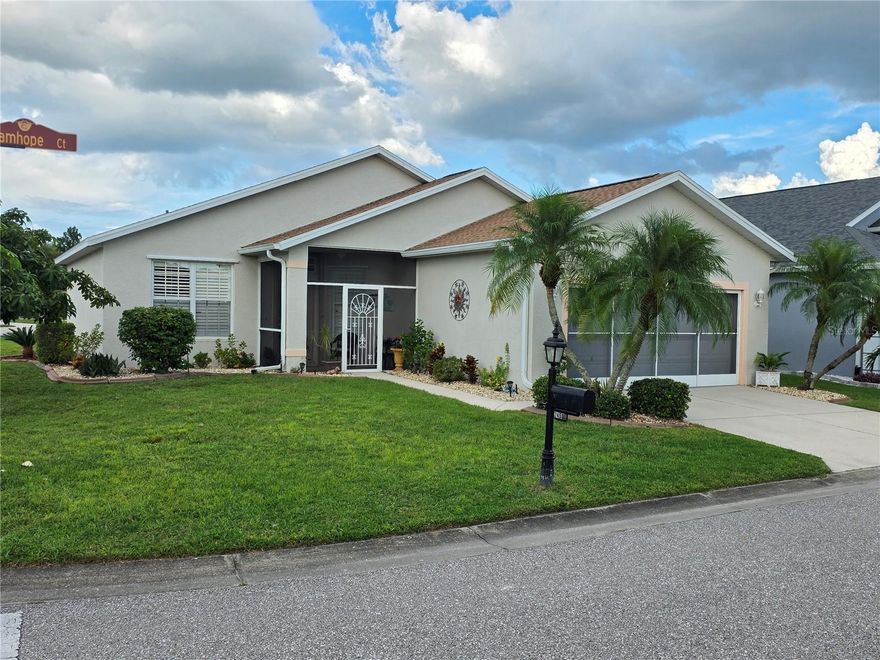 Welcome to Kings Gate community – This beautiful 2 bedroom and 2 bathroom split floor plan with
porcelain wood grain tile and white plantation shutters throughout the house. Home built 2005, 1269
SF. is a good size corner lot on Bramhope Court and Buckingham Way; when you enter the kitchen has
complete stainless steel appliances and granite counter. Den/office with a sleeper sofa, shares a
bathroom with tub for spare room for guest. From the living room you have access to full length lanai
(232 sf.) and right next to it is concrete paver patio (448 sf.) perfect space to entertain events. The
master suite with ensuite bathroom provides custom design walking closet; location of this master suite
is located in the end of the home providing privacy. Property is move in ready with or without furniture.

The Kings Gate community has options to keep you busy no matter your interests. There is an Olympic-
size pool and spa, tennis and pickle ball courts, 30,000 square foot clubhouse with a full service
restaurant, game room, computer room, fitness center with saunas/lockers, library and more! There is
also an 18-hole golf course open to the community and the public. The onsite Lion’s Den restaurant and
bar is convenient, or you can travel by golf cart to the shopping center, and restaurants. Charlotte
County has some of the most beautiful beaches in SW Florida not far from this community. Located in a
prime location for dining, parks, entertainment, airport, Sunseeker Resort, and Fisherman’s Village.
Make this your home.