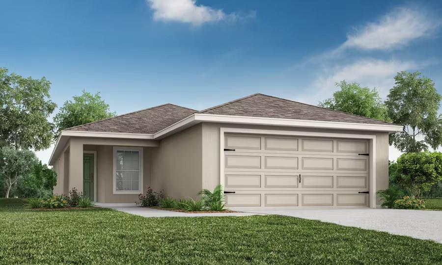 New construction home with 1,486 square feet on one-story including 3 bedrooms, 2 baths, and an open living area. Enjoy an open kitchen with Quartz countertops, Samsung stainless steel appliances, pantry, and a spacious counter height bar, fully open to the dining café and gathering room. The living area, laundry room, and baths include luxury wood vinyl plank flooring, with stain-resistant carpet in the bedrooms. Your owner's suite is complete with a walk-in wardrobe and a private en-suite bath with dual vanities, a tiled shower, and a closeted toilet. Plus, enjoy a covered lanai, 2-car garage, custom-fit window blinds, architectural shingles, energy-efficient insulation and windows, and a full builder warranty. Please note, virtual tour/photos showcases the home layout; colors and design options in actual home for sale may differ. Furnishings and décor do not convey."