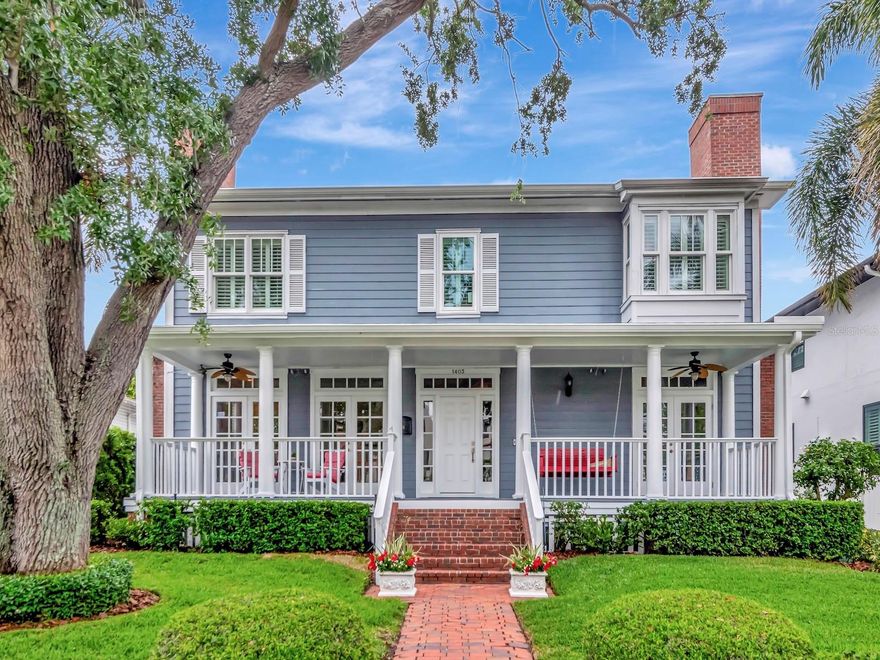 Located in Hyde Park's Golden Triangle this 5 bedroom 3 1/2 bath home sits high and dry and has never flooded, with one of a kind bay views from its front porch. The living area and office, each with their own wood burning fireplace, share these bay views through double French doors also. The dining room can be found between the living room and kitchen. Oak floors run throughout the first floor. The large kitchen has an eat-in area flanked by built-ins and a bay window banquette. A first floor bedroom en-suite has a separate breakfast bar area and  connects to the back den. The stairs, second floor gallery and primary suite have oak floors also. Multiple walk-in closets can be found leading to the primary bath, with double vanities, large walk-in shower and tub. Three additional bedrooms and full bath round out this level. A brand new roof was just installed and both AC units are only 2 years old. The home is located in the Hyde Park historic district, but was built in 1991. For ease and comfort there is a home generator for parts of the home. A separate two car garage can be accessed from the alley. Bayshore Blvd. is right out your front door with dining and shopping in Hyde Park Village is just 3 blocks away. Come live the Hyde park life style.