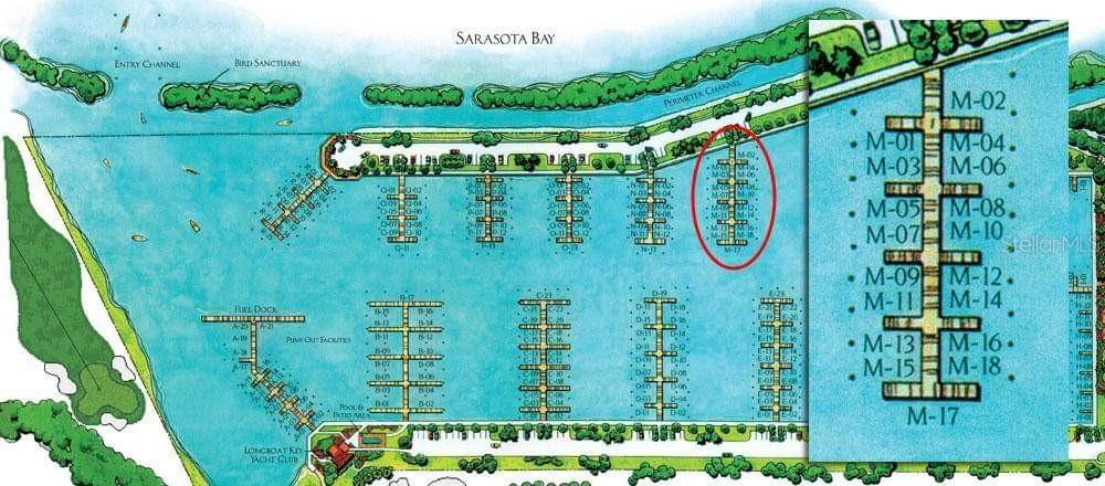 A 58 ft. x 20 ft. Boat Slip at Longboat Key Moorings Marina. This is a Yacht Club slip; purchase of the slip requires purchase of membership in the Longboat Key Club. Enjoy all the amenities of the private Longboat Key Club as a Yacht Club Member. Direct access to Sarasota Bay and the ICW. The deep water marina is as much a luxury resort as any other neighborhood on the island, thanks to individual slip ownership, a Mediterranean-style village that includes restaurants, shopping (close to Publix, CVS, and other specialty shops), recreational and social activities, and discreet, on-site maintenance and concierge services. Electric, water and wireless internet access at each slip. Free shuttle to St. Armand's Circle. The Marina has everything a boater could need. Yacht Club members have access to private Yacht Club facility which includes private clubhouse with TV, conference table, comfortable furnishings just for relaxing. Exterior amenities include private pool, grills, outside tables, chase lounges, and convenient bathhouse. Other amenities include dining at the Key Club's unique restaurants, Islandside and Harbourside golf courses, tennis courts and beach facilities, Fitness Centre, Mind and Motion Studio, and Spa. Longboat Key Moorings is truly a World Class facility. All vessels must be approved prior to closing by the Association. Max length of vessel allowed is 53 LOA, usable beam is 18 ft at the head of the slip. A current photo of the vessel must be provided, and the vessel approved by the Association before entering the marina.