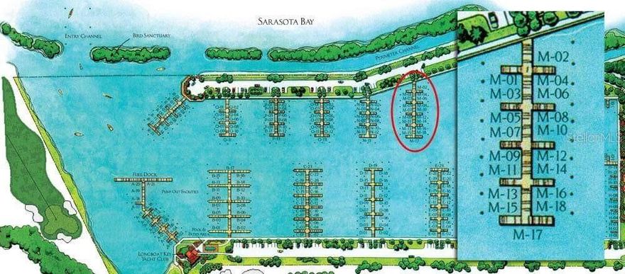 A 58 ft. x 20 ft. Boat Slip at Longboat Key Moorings Marina. This is a Yacht Club slip; purchase of the slip requires purchase of membership in the Longboat Key Club. Enjoy all the amenities of the private Longboat Key Club as a Yacht Club Member. Direct access to Sarasota Bay and the ICW. The deep water marina is as much a luxury resort as any other neighborhood on the island, thanks to individual slip ownership, a Mediterranean-style village that includes restaurants, shopping (close to Publix, CVS, and other specialty shops), recreational and social activities, and discreet, on-site maintenance and concierge services. Electric, water and wireless internet access at each slip. Free shuttle to St. Armand's Circle. The Marina has everything a boater could need. Yacht Club members have access to private Yacht Club facility which includes private clubhouse with TV, conference table, comfortable furnishings just for relaxing. Exterior amenities include private pool, grills, outside tables, chase lounges, and convenient bathhouse. Other amenities include dining at the Key Club's unique restaurants, Islandside and Harbourside golf courses, tennis courts and beach facilities, Fitness Centre, Mind and Motion Studio, and Spa.  Longboat Key Moorings is truly a World Class facility. All vessels must be approved prior to closing by the Association. Max length of vessel allowed is 53 LOA, usable beam is 18 ft at the head of the slip.  A current photo of the vessel must be provided, and the vessel approved by the Association before entering the marina.