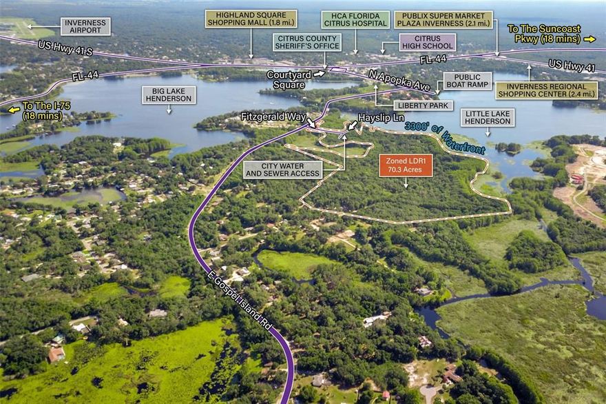 This is a waterfront development opportunity you won't want to miss! With 70.3 waterfront acres, central water and sewer available. and a prime location within Inverness City Limits! There is nearly 3500’ of waterfront on Little Lake Henderson, part of the 22 mile long chain of interconnecting lakes known as Lake Tsala Apopka. Lake Henderson is a 422 acre pristine waterway with a depth of 12'. The property offers 57.48 acres of Net Usable Uplands and 12.82 acres of pristine wetland preserves, and natural springs. Located inside the LDR1 zoning district of City Limits of Inverness, FL, this zoning allows for up to 5 units/acre (8,500 sf minimum lot and an impervious coverage ratio of 40%, 25% Building Allowance) with a minimum of 1,000 sf of living area. Permissible building types in the LDR1 zoning district include Single Family Detached, Single Family Attached and Multifamily Duplex. Estimated unit density at the subject property with compliance in the LDR1 zoning district could yield a potential of 287 units priced at just $13,560/unit of density, pending municipal approval. Centrally located just 1.4 miles drive time from Historical Downtown Inverness, City Hall, Citrus County CourtHouse, Liberty Park, Wallace Brooks Park and Rails To Trails Recreation Path (46 miles in length). Neighboring cities include Lecanto (11.2 miles), Beverly Hills (13.3 miles), and Inverness (1.4 miles).