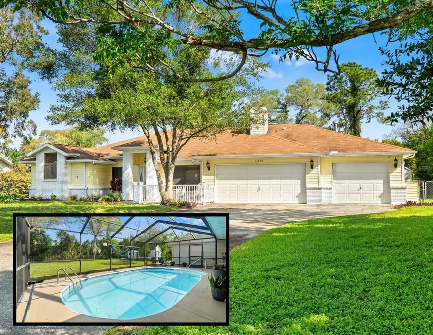 Welcome to Amber Woods! This spacious and well-appointed 4-bedroom, 3-bathroom pool home with a 3-car garage is situated on a generous ½-acre lot in the heart of Hernando County. With a thoughtful design, this home offers both comfort and functionality. Walking up, you are welcomed with an oversized driveway and quaint porch-- a great spot to enjoy a morning cup of coffee or read the paper! As you enter, you're greeted by a bright sitting room with soaring ceilings and beautiful views of the pool area, flowing seamlessly into a comfortably sized dining space. The kitchen, is ideal for entertaining, featuring stainless steel appliances, an oversized island, and easy access to both the dining area and expansive living room with a cozy fireplace--all overlooking the pool and outdoor space. The split floor plan provides privacy, with the owner's suite located on one side of the home. It includes a walk-in closet and a spacious en suite bathroom-- complete with a soaking tub, separate shower and double vanities. On the opposite side, ideal for personal space, you'll find three additional bedrooms, all generously sized--two with walk-in closets--and a convenient Jack and Jill bathroom setup. A separate pool bath adds extra functionality for outdoor living and entertaining. Both spare bathrooms also feature dual sinks-- for added convenience. Recent updates include LVP flooring (5 years old), newer water heater (2021), and a new AC system (2025). Step outside to enjoy a large lanai, fenced yard, and a peaceful, tranquil setting--perfect for relaxing or entertaining. Outback is a lemon tree, and plenty of space to let your inner gardener, grow! The garage has extra space, for additional storage and another great feature? Two He/She sheds for amazing additional use for storage-- like lawnmowers, tools, toys or a workshop. With no HOA or CDD fees-- you will enjoy freedom and space in this exceptional property! Make an appointment today, this home will not last long!