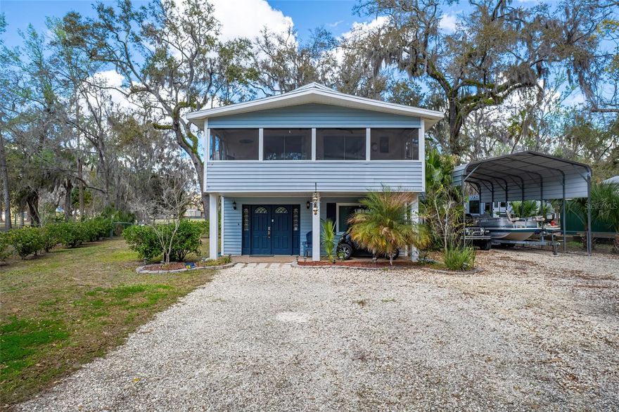 This 3-bedroom, 2 -bath, two-story home is perfectly positioned for those who love boating, fishing, scalloping, and soaking up the natural beauty of Florida's Nature Coast. Whether you're launching the boat at sunrise or cruising the neighborhood by golf cart in the evening, this home puts you right where you want to be. The main living area is upstairs, offering a inviting space with laminate wood-look flooring and access to a screened porch just off the living room-perfect spot to unwind after a day on the water. Downstairs features a spacious secondary living area, flex space, with beautiful wood-plank style tile flooring and a cozy fireplace, creating a warm gathering space for guests and family. A full bathroom and laundry area are also located on the lower level, providing flexibility for visitors or extended stays. Recent updates provide peace of mind, including a new HVAC System, roof replacement in 2020, updated electrical outlets (including dryer outlet) and replacement windows. Step outside to enjoy the back patio and shed great for storing fishing gear, kayaks, or all your river toys. Some of the furnishings convey, making this an easy move-in opportunity for a full-time residence, or weekend retreat. Property is being sold As-Is and ready for its next adventure.