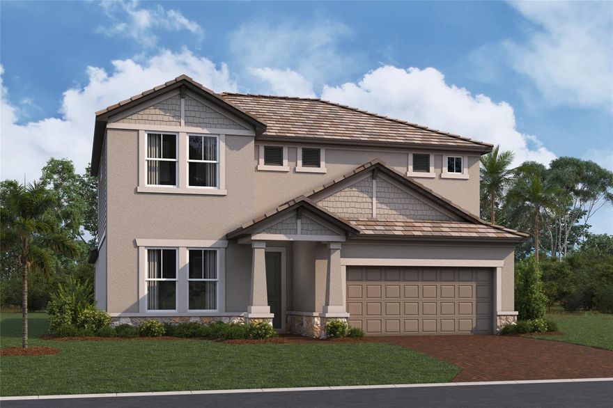 Under Construction. ****SPECIAL FINANCING AVAILABLE FOR A LIMITED TIME ONLY FROM PREFERRED LENDER. RESTRICTIONS APPLY, FOR QUALIFIED BUYERS, SUBJECT TO APPLICABLE TERMS AND CONDITIONS. SUBJECT TO CHANGE WITHOUT NOTICE****
This well-appointed two-story home offers four bedrooms, two and a half bathrooms, den and a two-car garage, spanning 2,851 square feet of living space.
The first floor is designed for convenience and comfort, featuring an open-concept layout that seamlessly blends the kitchen, dining area, and great room. The kitchen includes a walk-in pantry and plenty of counter space.
The great room and dining area open to a covered lanai, perfect for relaxing or entertaining outdoors.
The owner's suite is also located on the main level, offering a peaceful retreat with dual walk-in closets and a spa-inspired owner's bath with dual sinks, a soaking tub, and a separate shower.
The first floor also includes a den near the entry—ideal for an office or hobby space—and a laundry room.
Upstairs, the second floor features three secondary bedrooms, each with its own walk-in closet, and a shared full bath. A spacious loft serves as a versatile space, perfect for a game room, media area, or additional living space.
With ample storage, thoughtful details, and plenty of space for both relaxation and entertaining, this home is perfect for those seeking a balance of style and functionality.