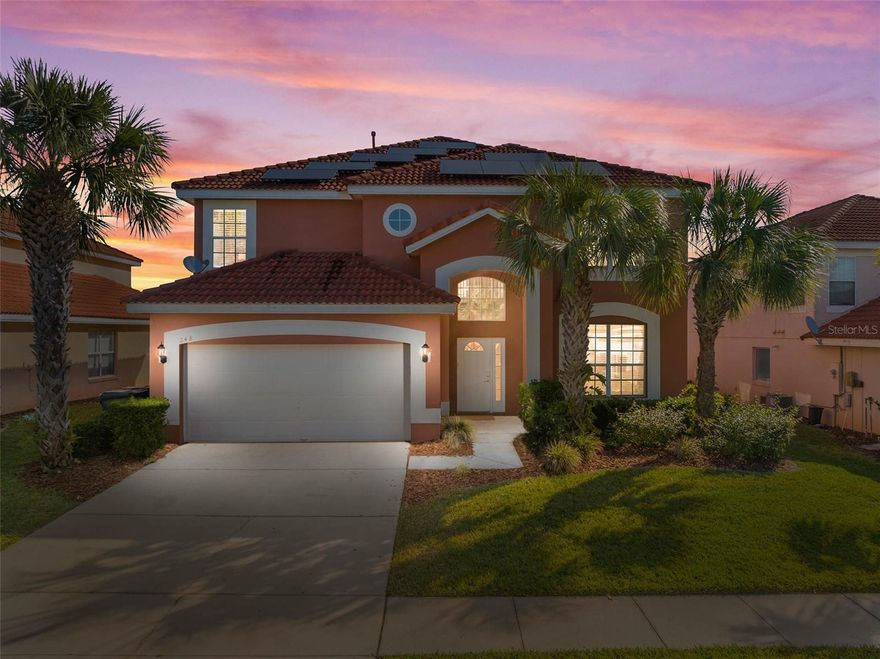 Experience the epitome of Central Florida living in this stunning 7-bedroom, 4.5-bathroom home located within the prestigious Solana community, a gated neighborhood offering 24/7 security for peace of mind and a sense of exclusivity. Nestled near shopping, Walt Disney World, Reunion, and Champions Gate, with easy access to major highways, this home is ideally situated for enjoying everything Central Florida has to offer. Thoughtfully designed with 7 generously sized bedrooms, including two master suites—one conveniently located on the main floor and another upstairs—this home offers plenty of space for everyone. Freshly painted and professionally cleaned, it’s move-in ready, featuring low-maintenance laminate flooring and tile throughout—no carpet! The bright and inviting open-concept family room is bathed in natural light, thanks to numerous windows and soaring ceilings, creating a welcoming space for relaxation and entertaining. The well-appointed kitchen includes a cozy dinette area, a central island, and a picturesque view of the patio and pool deck. Step outside to your private backyard oasis, complete with a heated pool and hot tub—perfect for unwinding after a day at the theme parks or hosting gatherings with family and friends. Plus, this property is fully furnished and turnkey—no need to move your old furniture back home. We’ve provided top-of-the-line furniture, bedding, towels, and even smart TVs in every room! To top it all off this house is also equipped with solar panels, keeping your power bill to a minimum. As a resident of Solana, you’ll enjoy access to an array of resort-style amenities, including a clubhouse, fitness center, arcade game room, mini-golf course, and a resort-style pool and hot tub, with a Tiki bar for a refreshing drink. Enjoy the convenience of having pool maintenance, cable, internet, groundskeeping, and garden trimming all included, ensuring hassle-free living.