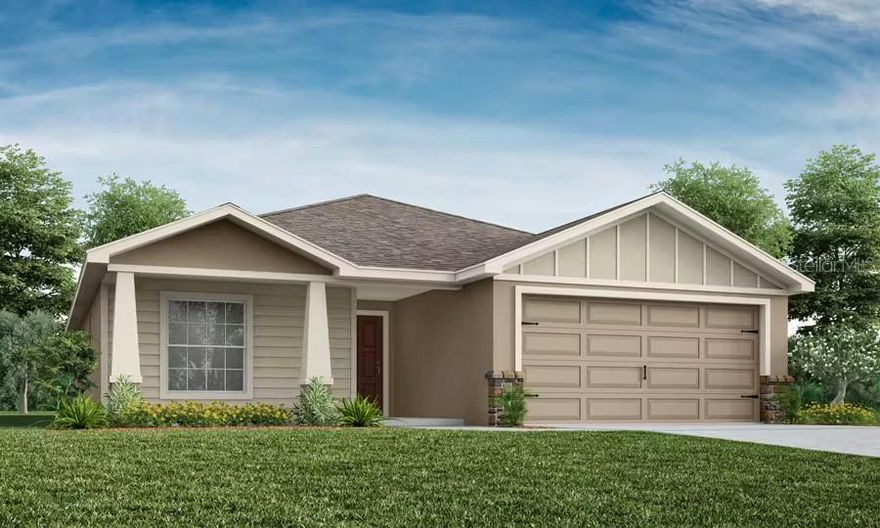 New construction home with 1715 square feet on one-story including 4 bedrooms, 2 baths, and an open living area. Enjoy an open kitchen with Quartz countertops, Samsung stainless steel appliances, a walk-in pantry, and a spacious island, fully open to the dining café and gathering room. The living area, laundry room, and baths include luxury wood vinyl plank flooring, with stain-resistant carpet in the bedrooms. Your owner's suite is complete with a walk-in wardrobe and a private en-suite bath with dual vanities, a tiled shower, and a closeted toilet. Plus, enjoy a covered lanai, 2-car garage, custom-fit window blinds, architectural shingles, energy-efficient insulation and windows, and a full builder warranty ***Please note - Virtual Tour/Photos showcases the home layout; colors and design options in actual home for sale may differ. Furnishings and décor do not convey!