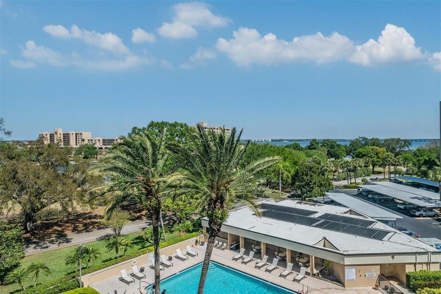 Welcome to this beautifully maintained residence in ever popular Village 2 of Cove Cay, where sweeping panoramic views capture the lush fairways, sparkling community pool, and shimmering Tampa Bay in the distance. This inviting 6th floor condo offers a rare combination of comfort, updates, and lifestyle—perfect for full-time living or a seasonal retreat. Major improvements provide peace of mind, including updated HVAC and windows in 2025, along with a new water heater installed in 2026 and an updated electric panel. Inside, the main living areas are enhanced with attractive vinyl plank flooring, creating a clean, modern feel throughout. The spacious layout includes a versatile enclosed porch/bonus room featuring a large hurricane-rated window—an ideal space for a home office, reading nook, or simply relaxing while enjoying the picturesque surroundings. The generously sized bedroom offers a tranquil retreat with an en-suite bath complete with granite countertops and a large walk-in closet. A stylishly updated half bath adds convenience for guests.  Additional highlights include a private laundry room located just across the hall, equipped with a full-size washer and dryer, as well as a covered carport for added convenience.  Residents of Cove Cay enjoy access to a beautifully maintained recreation area just a short stroll away, featuring a pool, spa, fitness center, sauna, billiards room, library, and a spacious clubhouse for social gatherings. Offered at an exceptional value, this is a unique opportunity to enjoy the Cove Cay lifestyle with breathtaking views and major updates already in place.  Clean as a whistle and move in ready.  Lush landscaping, full time security, sparkling pool and spa area, golf, dining and boating available in your community and more make this the Paradise Found known as Cove Cay.