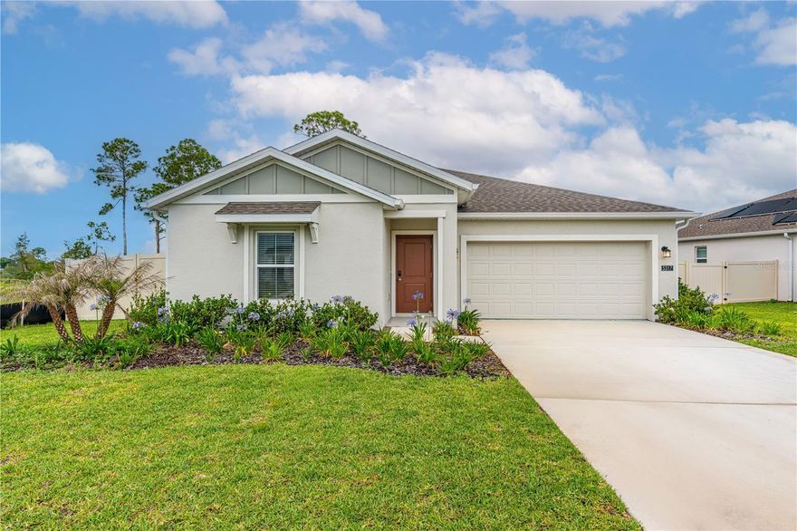 **Better Than New!** Welcome to this stunning 2025 year-built home, thoughtfully upgraded to offer modern comfort, stylish finishes, and an impressive outdoor living experience. From the moment you step inside, you’ll appreciate the open floor plan, tile flooring, crown molding, and a bright, airy layout designed for effortless everyday living. The spacious main living area flows seamlessly into the kitchen and dining spaces, creating the perfect setting for entertaining or relaxing. Kitchen features an expansive island, quartz counter tops, ample storage, and upgraded stone backsplash. Large windows invite natural light inside, enhancing the home’s clean, contemporary feel. The primary suite serves as a true retreat, featuring a spacious layout, a well-appointed ensuite bath, and excellent closet space. It’s the perfect place to unwind at the end of the day, offering comfort, privacy, and a touch of luxury. Two guest bedrooms each with generous space, natural light, and modern finishes that make them feel warm and inviting. Step outside to one of the home’s standout features — a huge, screened patio extending the length of the home complete with ceiling fans, and insulated roof ideal for enjoying Florida’s warm breezes year-round. Beyond the lanai, you’ll find a massive paver deck designed for gatherings, grilling, and outdoor enjoyment. A built-in fire pit, tropical planters, and serene views of natural Florida landscape create a private, resort-style atmosphere right in your own backyard. The property continues to impress with a fully fenced backyard, offering both security and seclusion. Separate indoor laundry room and two car garage add convenience and storage options. With its modern construction, thoughtful upgrades, and exceptional outdoor living spaces, this home offers the perfect blend of comfort, style, and Florida lifestyle. Move-in ready, beautifully upgraded, and built for the way you live. Community amenities include high-speed fiber optic internet, a playground, pickleball court, dog park, sidewalks, underground utilities, and streetlights. Minutes to the beach, shopping, dining, parks, and river.