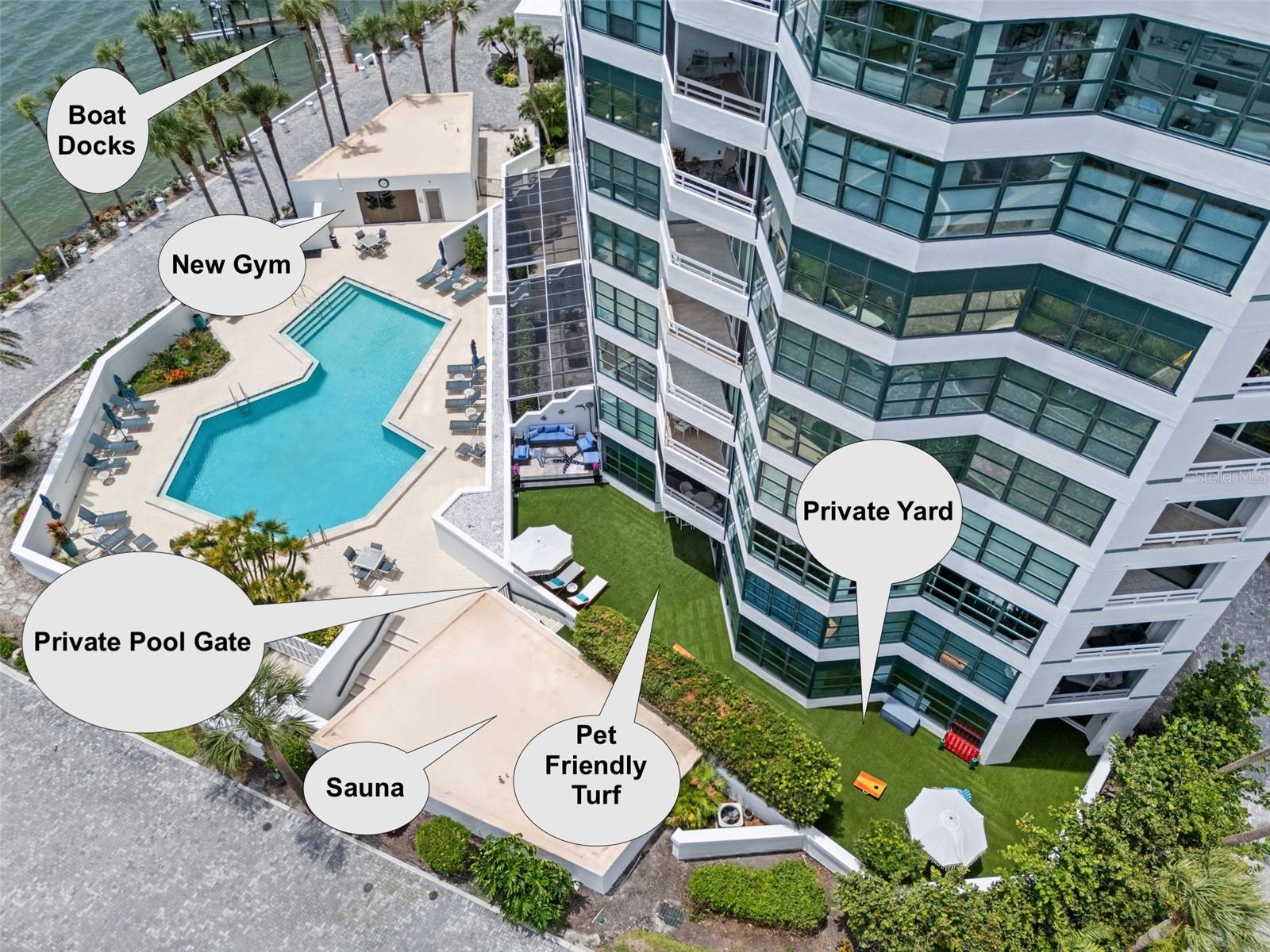 Direct Waterfront with 1,650 S.F., Private Outdoor Oasis. One of a kind condo that feels like a waterfront house.
Fully renovated, unobstructed water views and an unparalleled, pet friendly walled outdoor living space that was professionally designed with AstroTurf, perfect for entertaining or relaxing in total privacy. Enjoy DIRECT, PRIVATE ACCESS to the heated community pool, two fitness centers, a marina with BOAT SLIPS WITH BOAT LIFTS, and a sunset fishing pier—all just steps from your door.
Inside, the newly remodeled interior features a gourmet kitchen with premium finishes, PLUS A SECOND BUTLER'S/CATERING KITCHEN for effortless entertaining. The primary suite is a true sanctuary, complete with a double vanity, two-person soaking tub, and dual rain showers. Each of the three spacious bedrooms includes a large walk-in closet, providing ample storage.
Beyond the gates, The Bay, Sarasota’s vibrant new waterfront park, awaits—offering live entertainment, yoga and fitness classes, concessions, and more. Walk to 12 acclaimed restaurants in the Rosemary District within six blocks, or take a leisurely stroll just nine blocks to Downtown Sarasota’s Main Street, where endless dining, shopping, and entertainment options await.
This exclusive waterfront retreat offers the perfect blend of luxury, convenience, and lifestyle. Schedule your private showing today!
