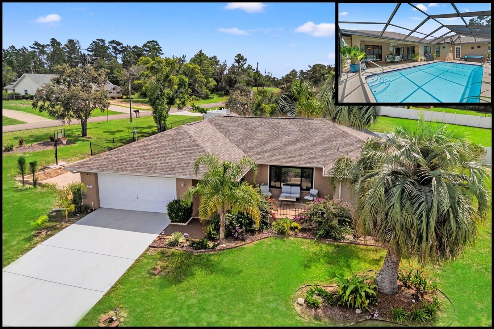 PRIVACY + HEATED POOL + HALF ACRE CORNER LOT + FENCED YARD + RENOVATED KITCHEN + BASKETBALL COURT + NEW ROOF 2019 + 4 BED / 3 BATH + NO HOA. Set on OVER A HALF-ACRE in 34609, this Spring Hill home built by ARTHUR RUTENBERG brings together the big features you want: a screen-enclosed 14' x 28' HEATED POOL, RENOVATED KITCHEN, PRIVACY-FENCED CORNER LOT, and a BASKETBALL COURT—with the Suncoast Parkway on-ramp just 5 minutes away for easy Tampa access. Start your day in the front courtyard—a sweet spot for morning coffee—then step through the covered entry and double doors into formal living and dining rooms that feel warm and welcoming. The RENOVATED KITCHEN is truly the heart of the home with QUARTZ COUNTERS, a SUBWAY TILE BACKSPLASH, NEWER APPLIANCES, tons of bar seating, and a large dinette for everyday meals. Inside is NO CARPET—TILE THROUGHOUT for easy care, plus a huge indoor laundry room with shelving and a utility sink. Smart split-bedroom layout: Bedrooms 2 AND 3 share a FULL bath, while Bedroom 4 sits toward the back with its own entrance and full bath—ideal for guests, multigenerational living, or a private office. The primary suite features a large walk-in closet and a double-sink bath. Out back, a large under-roof lanai overlooks the HEATED POOL and yard—perfect for grilling, game days, pets, gardens, and that hoops court. The yard is huge (over half an acre), giving you room to spread out, play, and enjoy the Florida lifestyle Big-ticket items are handled: NEW ROOF (2019), CHILD SAFETY FENCE FOR THE POOL, NEW SEPTIC DRAINFIELD IN 2018, NEW POOL HEATER IN 2024 and NEWER APPLIANCES. Even better—NO HOA, NO CDD, and NOT IN A FLOOD ZONE help keep costs down. Location is a win: close to the Suncoast Parkway on-ramp—about 45 minutes to Tampa for pro sports, concerts, the Riverwalk, and Tampa International Airport. Nearby Spring Hill keeps shopping, dining, parks, and medical close; weekends are easy with Weeki Wachee Springs, Hernando Beach, Homosassa, and Gulf sunsets all within 20 minutes. YOU WILL WANT TO SEE THIS ONE IN PERSON.