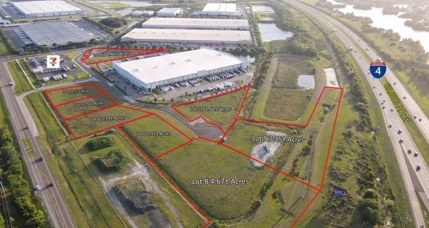 Firstpark at Bridgewater is a developed commercial park ideally located at I-4 and SR 33 in Lakeland, FL. Existing tenants in the park include Haverty's, HD Supply, Walmart, Empire Flooring to name a few. The opportunity is to join 7-11 and purchase the developed retail/commercial parcels ranging in size from 1 to 7.75 acres fronting along I-4 and SR 33. The parcels are being sold cleared, filled with the spine road, curb, and offsite master retention already in place. Each pad will include 50 trip count allocation with additional trip count requirements to be purchased at an additional cost. The parcels also benefit from being across the street from the new Florida Polyphonic Connector Road into the growing campus. With over 100,000 cars driving by this property daily, it is prime for hotel, retail and commercial development. Lot 12 is no longer available.