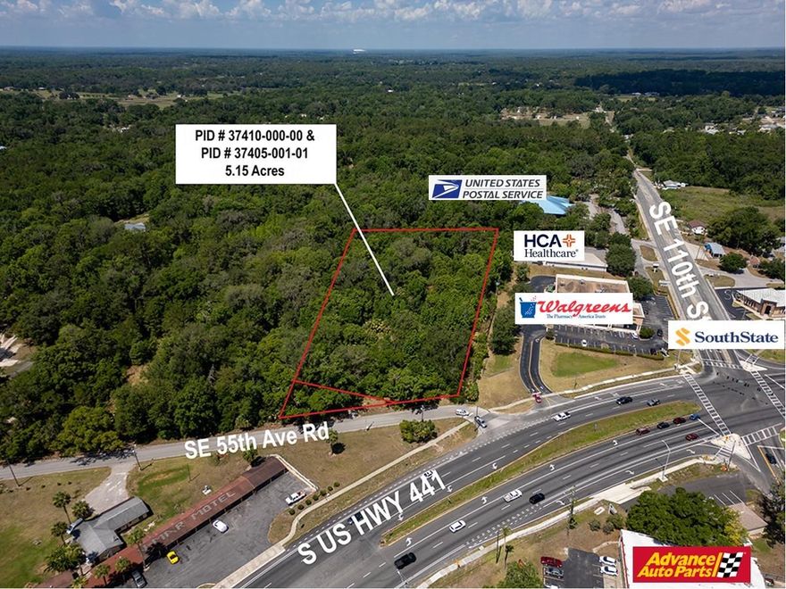 NEXT TO WALGREENS! B-2 COMMERCIAL 5.15 acres high, dry and flat with all-important electric, water and sewer utilities in the City of Belleview.  Near the intersection of 110th St. and Hwy. 441 with 402' frontage on paved 55th Ave Rd next to Walgreens and the Post Office. Exceptional opportunity to acquire only 5.15 or adjacent 5.09 acres for a total of 10.24 acres. Ideally situated just off & overlooking Highway 441 with desirable B2 zoning, this property is well-positioned for a wide range of commercial and business uses, including retail, office, service establishments, medical, restaurants, and more. Up and coming “Belleview, the City in the Center,” is a short commute to Ocala, Silver Springs, Summerfield, The Villages, Ocala National Forest and I-75. The fastest growing area in Florida has a drastic shortage of popular commercial projects to support the rapidly expanding workforce and retiree population.