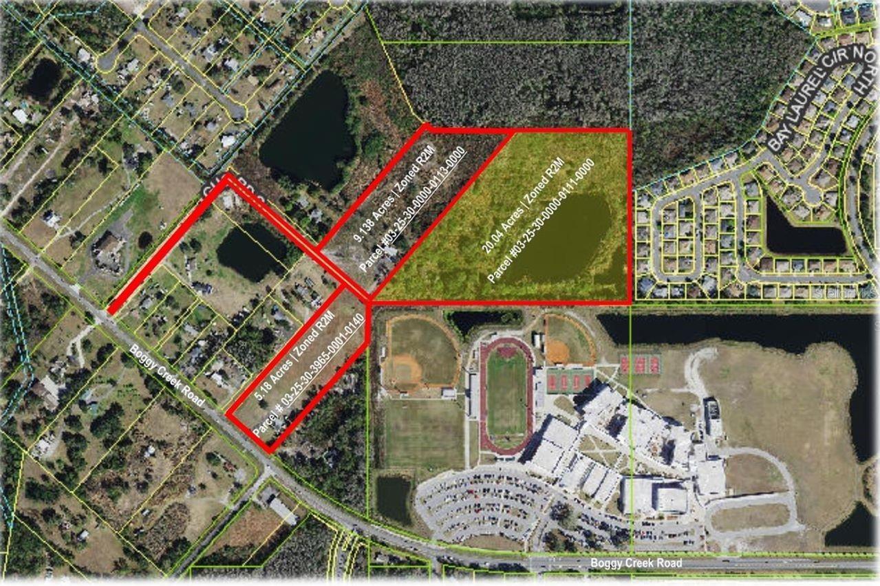 Awesome opportunity for BUILDERS OR DEVELOPERS. 9 plus acres of buildable land high and dry Developer future assemblage project that could consists of two (2 or 3). properties that totals OVER 25 acres of land strategically located off Boggy Creek Road next to Tohopekaliga High School. *_Price shown only for the 9.138 parce_*l One of the fastest-growing communities in America, and no signs of slowing down, which led to the widening of Boggy Creek Road. See proposed rezoning map of projects forthcoming, which is only 1.2 miles North of property. Centrally located only minutes to Lake Nona, Medical City, 417, Orlando International Airport, downtown Kissimmee, Buenaventura Lakes and St. Cloud. Parcels: 03-25-30-0000-0111-0000 and 03-25-30-3965-0001-0140.