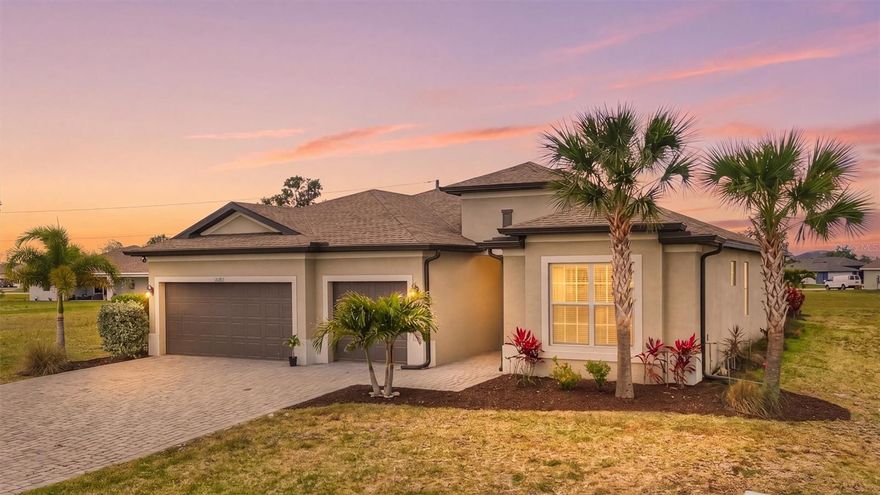 Enjoy the true Floridian experience in this modern contemporary saltwater pool-and-spa home, perfectly positioned on an oversized lot in the desirable Burnt Store Village deed restricted neighborhood. This 3-year-young residence offers a warm, welcoming atmosphere paired with timeless charm. Featuring a split open floor plan with 3 bedrooms plus a den/office and 3 full bathrooms, the home is thoughtfully designed with tray ceilings for both comfort and sophistication. High ceilings enhance the airy sense of elegance, while the open-concept layout and granite countertops bring a refined touch to everyday living. The home showcases beautiful tray ceilings in both the great room and primary bedrooms, and every room is complemented by glamorous glass chandeliers with built-in pop-up fans, adding a distinctive layer of modern luxury. Expansive 8-foot sliding glass doors open to a seamless indoor–outdoor experience, leading to the heated saltwater pool and spa, along with a spacious outdoor dining and lounging area ideal for entertaining. Inside, the primary suite offers a true retreat with separate vanities, a walk-in shower, and dual oversized walk-in closets. A private guest bedroom with its own en suite bathroom ensures exceptional comfort and privacy for guests. The long kitchen island serves as the perfect gathering spot—whether for early-morning breakfasts or hosting family and friends—making this home as functional as it is beautiful. And let’s not stop there: the large 3-car garage provides ample space for vehicles, storage, and all your prized possessions. Your new home also includes a lawn irrigation system, security-system readiness, and remote-controlled automated features such as the self-cleaning pool/spa and thermostat—bringing convenience and peace of mind to everyday living. This exquisite home offers a lifestyle of unparalleled luxury, delivering a serene retreat within a vibrant, welcoming community. Every detail is crafted to elevate daily living while surrounding you with comfort, style, and a true sense of place.
