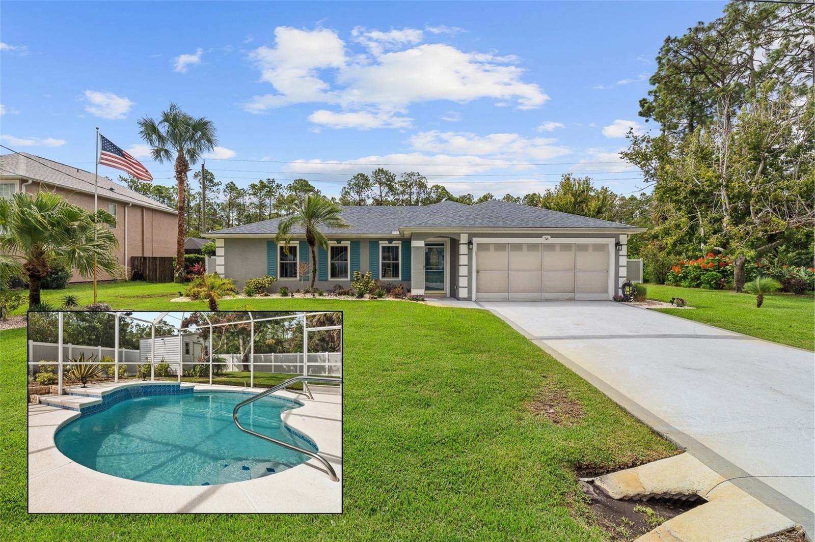 Your dream pool home in Palm Coast awaits! Located in a charming and welcoming neighborhood, the exquisite property offers a perfect blend of style, convenience, and modern upgrades, making it an ideal choice for discerning homeowners. Upon arrival at this coastal residence, you are welcomed by beautifully updated landscaping on the oversized lot, enhancing the home's curb appeal. The meticulously maintained exterior sets the stage for the exceptional quality found within. Step inside to discover an open-concept layout characterized by soaring ceilings that create an airy atmosphere, complemented by fresh paint throughout. Sunlight floods the space through recently replaced hurricane windows, providing abundant natural light. One of the standout features of this home is the stunning view of the pool! The expansive under-roof enclosed lanai, measuring 252 square feet, is perfect for year-round enjoyment and fosters seamless indoor-outdoor living. The kitchen boasts stainless steel appliances, sleek granite countertops, and a convenient closet pantry. The oversized primary suite serves as a private retreat, complete with sliding doors leading to the lanai for easy access to the pool and patio. The ensuite bathroom features a walk-in shower, luxurious bathtub, dual sinks, and a spacious walk-in closet. Additionally, this home includes two generously sized secondary bedrooms, each equipped with walk-in closets to meet your storage needs comfortably. With a total of 2,146 square feet of living space, this residence also features a two-car garage with a screen, ensuring ample parking and storage. For peace of mind, a built-in transfer switch allows for quick and easy generator connection. Additionally, major systems have seen recent updates including a 2021 roof, 2021 water heater, 2020 windows, and 2017 HVAC! Conveniently located just eight and a half miles from the sandy beaches and boutique restaurants of Flagler Beach, this home strikes the perfect balance between tranquility and accessibility. Local shopping and dining options are also within a short distance. Don’t miss the opportunity to own this exceptional home that has it all. Schedule a showing today and experience the lifestyle that awaits you at 36 Ryder Drive, Palm Coast, FL 32164. ASK ABOUT THE PREFERRED LENDER CREDIT!