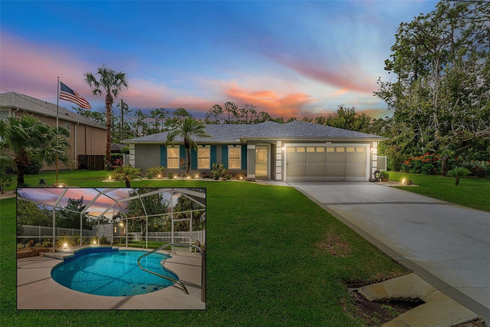 Your dream pool home in Palm Coast awaits! Located in a charming and welcoming neighborhood, the exquisite property offers a perfect blend of style, convenience, and modern upgrades, making it an ideal choice for discerning homeowners. Upon arrival at this coastal residence, you are welcomed by beautifully updated landscaping on the oversized lot, enhancing the home's curb appeal. The meticulously maintained exterior sets the stage for the exceptional quality found within. Step inside to discover an open-concept layout characterized by soaring ceilings that create an airy atmosphere, complemented by fresh paint throughout. Sunlight floods the space through recently replaced hurricane windows, providing abundant natural light. One of the standout features of this home is the stunning view of the pool! The expansive under-roof enclosed lanai, measuring 252 square feet, is perfect for year-round enjoyment and fosters seamless indoor-outdoor living. The kitchen boasts stainless steel appliances, sleek granite countertops, and a convenient closet pantry. The oversized primary suite serves as a private retreat, complete with sliding doors leading to the lanai for easy access to the pool and patio. The ensuite bathroom features a walk-in shower, luxurious bathtub, dual sinks, and a spacious walk-in closet. Additionally, this home includes two generously sized secondary bedrooms, each equipped with walk-in closets to meet your storage needs comfortably. With a total of 2,146 square feet of living space, this residence also features a two-car garage with a screen, ensuring ample parking and storage. For peace of mind, a built-in transfer switch allows for quick and easy generator connection. Additionally, major systems have seen recent updates including a 2021 roof, 2021 water heater, 2020 windows, and 2017 HVAC! Conveniently located just eight and a half miles from the sandy beaches and boutique restaurants of Flagler Beach, this home strikes the perfect balance between tranquility and accessibility. Local shopping and dining options are also within a short distance. Don’t miss the opportunity to own this exceptional home that has it all. Schedule a showing today and experience the lifestyle that awaits you at 36 Ryder Drive, Palm Coast, FL 32164. ASK ABOUT THE PREFERRED LENDER CREDIT!