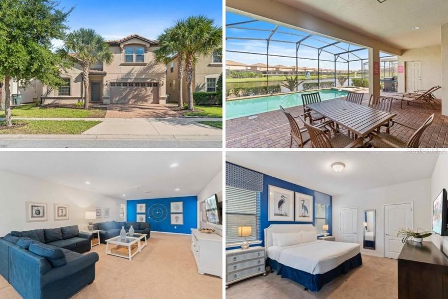 Enjoy breathtaking pond views and exceptional backyard privacy in this stunning 8-bedroom, 5.5-bathroom home located in the highly sought-after Windsor at Westside community. This fully furnished residence offers the perfect blend of luxury, comfort, and investment potential, ideal as a vacation retreat or a high-performing short-term rental. The spacious open-concept floor plan features expansive living and dining areas, a gourmet kitchen with granite countertops and stainless steel appliances, and two master suites—one conveniently located on each floor for added flexibility.

Step outside to your private screened-in pool and spa, where the wide-open pond view creates a peaceful and relaxing setting with no rear neighbors. Inside, the home is tastefully designed with stylish furnishings and quality finishes, creating an inviting space that appeals to a wide range of vacation guests.

Residents and guests enjoy access to world-class resort amenities, including a 10,000 sq. ft. clubhouse, resort-style pool with lazy river and splash pad, fitness center, arcade, sports courts, playground, and more. The HOA conveniently includes cable, internet, lawn care, and valet trash service. Perfectly located just minutes from Disney, shopping, dining, and major highways, this turn-key property is truly move-in or rental ready — a rare opportunity you don’t want to miss!