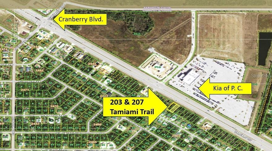 Two parcels (15,000 square feet) with a total of 100' frontage on Tamiami Trail directly across from Port Charlotte Kia. Property has potable water and a sewer force main and is zoned Commercial General. This location has great potential so don't miss your opportunity to be a part of the growing number of businesses on Tamiami Trail! Additionally, the adjacent 7,500 SF lot is for sale. Contact listing agent for details.