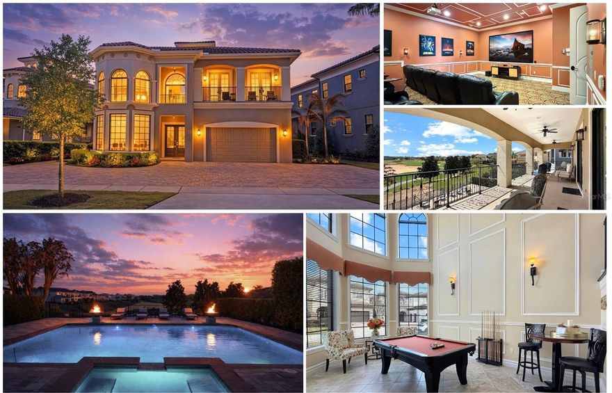 Welcome to an extraordinary Mediterranean-inspired estate perfectly positioned on one of the most coveted oversized homesites on Legends Corner, showcasing breathtaking views of the Jack Nicklaus Signature Golf Course and a true resort-style outdoor oasis.
Recently refreshed with thoughtful upgrades including a newly expanded brick-paver driveway, enhanced landscape lighting, rain gutters, and a freshly painted exterior, this home immediately sets the tone for luxury living.
The south-facing pie-shaped homesite is the true centerpiece, offering all-day sunshine across the expansive pool terrace and unobstructed golf course views that stretch toward the evening sky. Lounge by the private resort-style pool, gather around the dramatic dual fire bowls, or unwind as the sun sets across the fairways — creating a setting that feels like your own private five-star retreat.
Outdoor entertaining is effortless with a covered outdoor kitchen featuring a built-in grill and refrigerator, while the covered lanai with HDTV and comfortable seating provides the perfect setting for alfresco dining, game days, and unforgettable evenings with family and friends.
Inside, a dramatic two-story foyer and elegant wood and wrought-iron staircase introduce a home designed for both grand entertaining and relaxed resort living. The light-filled loft lounge, framed by floor-to-ceiling windows, offers a stylish gathering space complete with pool table, HDTV, and multiple seating areas overlooking the home’s stunning surroundings.
The chef-inspired kitchen features a five-burner gas range, double ovens, and generous prep space, seamlessly connecting to the dining area and main living space — all oriented to capture views of the outdoor oasis.
Entertainment reaches a new level in the private theater room, featuring 12 plush reclining seats and a high-definition projection system, delivering an immersive cinematic experience right at home.
The main-floor primary retreat offers a peaceful sanctuary with hand-scraped wood flooring, crown molding, and private access to the outdoor living area, complemented by a spa-style bath with soaking tub, walk-in shower, and oversized closet.
Upstairs, four additional ensuite bedrooms provide luxurious accommodations for family and guests. Two of the suites share access to the expansive balcony overlooking the golf course, where morning coffee and sunset views become part of your daily routine.
Adding a playful touch, the themed “Aloha Room” invites guests into a tropical escape with bunk beds, vibrant island décor, a spacious lounge area, and a private bath, creating an unforgettable space for younger visitors and the young at heart.
This is more than a home — it is a private luxury resort experience, where breathtaking views, exceptional outdoor living, and elegant interiors come together to create the ultimate golf and lifestyle retreat.