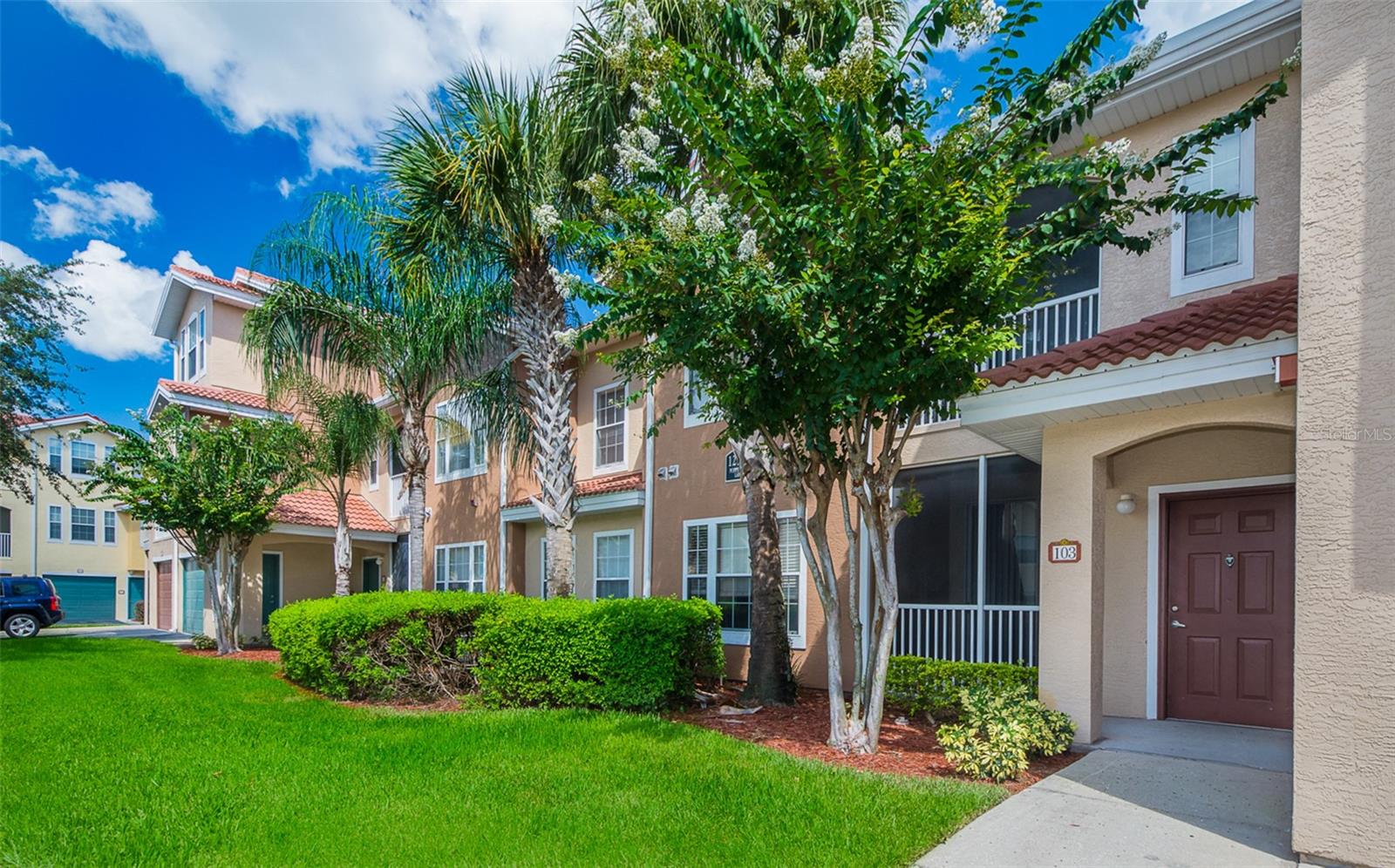 1-bedroom, 1-bath condo with private 1-car garage in the highly desirable gated community of Villanova at Hunters Creek. This well-maintained unit features high ceilings, spacious open-concept living, tile floors throughout, and Corian kitchen countertops with stainless steel appliances. Enjoy your morning coffee on the screened-in patio with a peaceful garden view. The large laundry room includes a washer and dryer plus added shelving for storage. Community amenities include a resort-style pool, fully equipped fitness center, clubhouse with kitchen and lounge area, and beautifully landscaped grounds. Conveniently located just minutes from The Loop, Publix, shopping, dining, and major highways. Water is included in the rent!