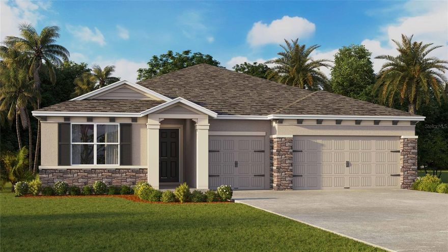 Under Construction. This one-story, all concrete block constructed home has a truly open concept plan, featuring a large great room, separate dining room, and well-appointed kitchen with dining area, all overlooking a covered lanai. This single story plan features two bedrooms at the front of the home which share a jack-and-jill full bathroom, as well as a multi-gen living space past the powder bath and laundry room. The Bedroom 1 which includes Bathroom 1 is located on the back of the home for privacy, offering beautiful views of the backyard. Pictures, photographs, colors, features, and sizes are for illustration purposes only and will vary from the homes as built. Home and community information including pricing, included features, terms, availability and amenities are subject to change and prior sale at any time without notice or obligation. CRC057592.