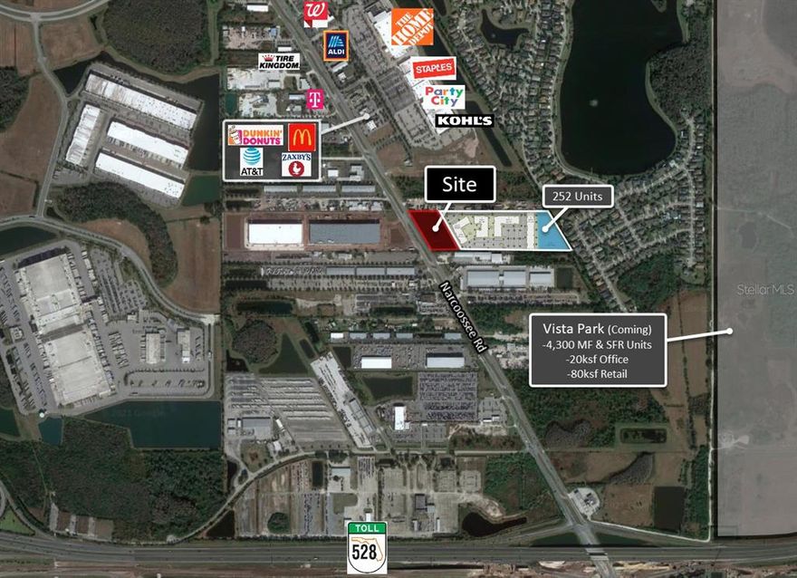 Rare outparcel purchase opportunity in the high demand Lee Vista Lake Nona trade area - New 252 Unit MF Development Neighbors Site - Surrounded by affluent and educated demographics – Average household incomes of over $85,095 within a 5 mile radius - Excellent frontage on Narcoossee Rd - Located ½ mile north of the HWY 528 beltway / 2.5 miles east of O.I.A