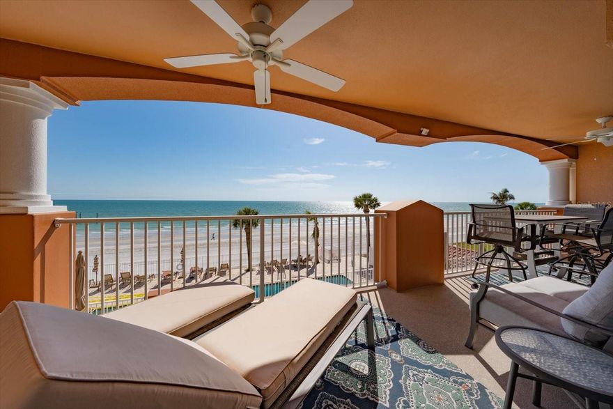 Experience elevated coastal living in this stunning Gulf-front luxury condo in Redington Beach. Offered fully furnished, this beautifully updated 3-bedroom, 3-bath residence showcases a desirable split floor plan designed for privacy, comfort, and effortless entertaining.

The open-concept kitchen has been thoughtfully upgraded with a new island, modern appliances, and stylish fixtures—seamlessly connecting to the spacious living and dining areas. Expansive impact-resistant turtle glass windows and doors frame sweeping Gulf views while enhancing safety and efficiency.

Step outside to a full-length private balcony spanning the entire residence, complete with updated patio furniture and ceiling fans—an ideal setting to enjoy breathtaking sunsets, sugar white sand & soothing coastal breezes.

The waterfront primary suite is a serene retreat, featuring direct balcony access, two walk-in closets, and a spa-inspired en-suite bath with double sinks, vanity station, soaking tub, frameless glass shower, and private water closet. A guest bedroom offers its own en-suite bath and walk-in closet, while the second guest room provides versatile use as an office or additional sleeping space with a trundle bed and private exterior access.

Additional highlights include a full-size laundry room with storage and utility sink, a Nuvo water softener system, newer variable-speed A/C with Reme Halo purifier, and a smart ONE CAR GARAGE with a new overhead door.

Residents enjoy beautifully upgraded grounds with waterfront gated security, paver patio / pool deck, two pools, a spa, and a pool bath house (Custom grills will be installed soon). Elevator renovations are currently in progress and have already been paid in full—adding long-term value and peace of mind.  The extremely rare private pier is in the planning process to be restored to it's original beauty and functionality.  This unit has not been used as a rental, only gently used as a private vacation home.