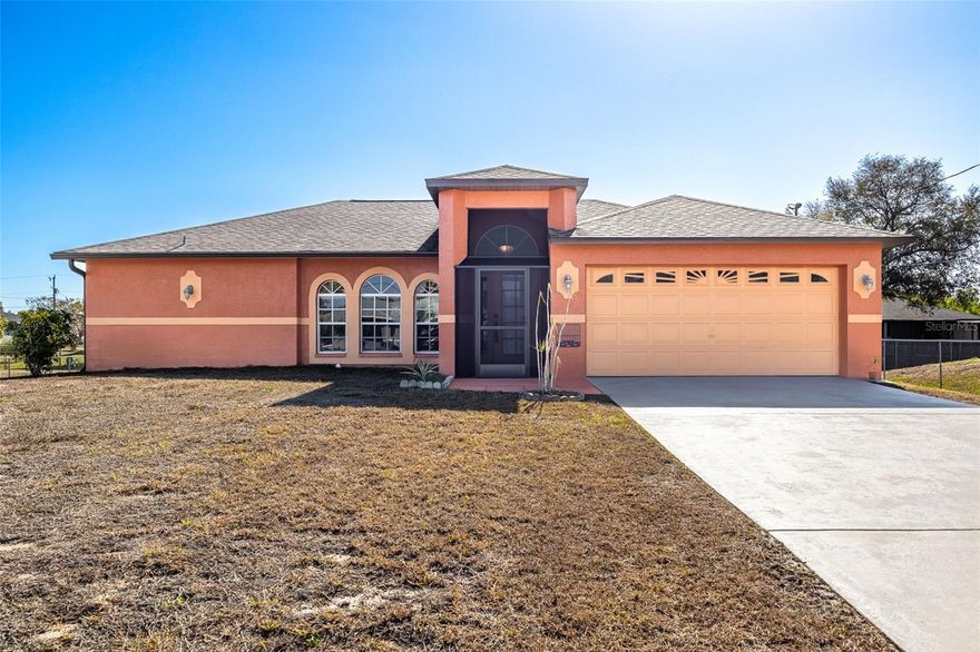 Checking all the boxes - This proudly maintained pool home is tucked away on a private neighborhood road with minimal traffic. Set on an oversized lot, this charming Florida home is move in ready and offers a great floorplan with a large living room and split bedrooms for privacy. The sunlit kitchen offers abundant cabinetry, great counter space, new sink and fixtures, stainless steel appliances, and a pantry. A breakfast bar for quick meals or a dining area with a view of the pool. The large living room has vaulted ceilings and 8' pocketing slider doors that disappear to create seamless indoor-outdoor living. The primary suite features two walk-in closets, a private bath, and sliding doors that open right onto the lanai. Guests will feel at home with two spacious bedrooms and a generously sized bath that doubles as a convenient pool bath. New washer and dryer in the laundry room that has a sink and access to the garage. The best part is relaxing by the beautifully resurfaced pool and deck, perfect for soaking up the Florida sun. More recent updates include a newly screened entryway and pool cage, 2018 roof, 2023 HVAC, 2024 pool pump, and fresh exterior paint. Come check out this beautiful pool home in the Mirror Lakes community and make it yours today!