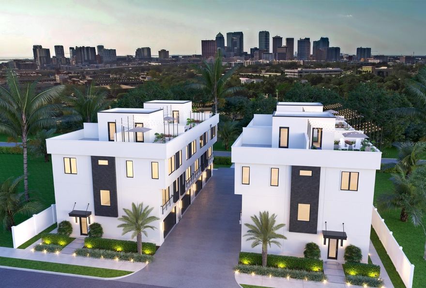 One or more photo(s) has been virtually staged. Under Construction. Welcome to the pinnacle of urban luxury living in one of Tampa's most vibrant and walkable neighborhoods. NuHeights Townhomes, in Tampa Heights, is an exclusive collection of 8 luxury residences steps from Armature Works, the Tampa Riverwalk, and the city's best dining and entertainment options. Spanning multiple levels, the stunning residence offers 3 spacious bedrooms, each with its own en-suite bath, plus a stylish powder room for guests. The interior is bathed in natural light from oversized windows, over 9 ft ceilings and sleek luxury modern finishes throughout; wide-plank engineered hardwood, Delta fixtures, custom European cabinetry, GE cafe Appliances, quartz countertop with waterfall edge, floor to ceiling glass staircase wall and high-end fixtures. At the top, your private rooftop terrace awaits, the perfect place to unwind with a glass of wine and soak in sunset views over the Tampa skyline. Additional features include smooth drywall, drop ceiling, custom mill wood wall accents, Juliette balcony, 2-car oversized garage, energy-efficient systems and impact glass windows and doors. Just a 10 minute drive to Tampa International Airport, 5 minutes to Downtown Tampa, major highways, and Tampa General Hospital, and only 35 minutes to the Gulf beaches. Whether you're seeking an upscale primary residence or an exceptional investment in a rapidly growing neighborhood, this is city living, elevated.