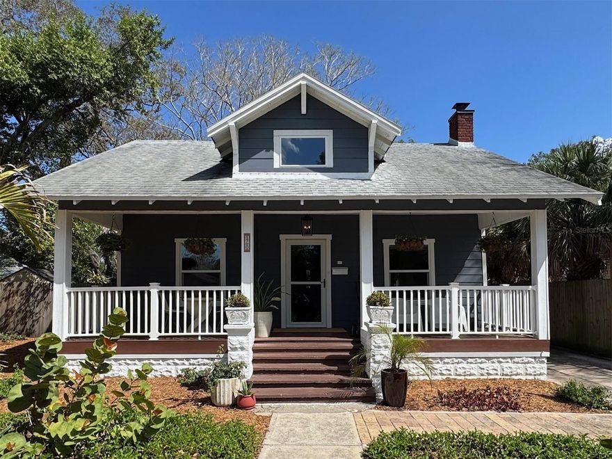 This 1925 craftsman home is tucked into a garden-like setting, moments from the Gulfport Arts District and The Gulf.  The property has been lovingly maintained, enjoying a full remodel in 2019, when a modern kitchen and baths, new windows, HVAC, roof and water heater were installed.   The hardwood floors and brick fireplace are original, as are the generous front porch and private, screened back porch. In the lush back yard, find more than a hundred varieties of plants, native birds and butterflies, shaded spots to sit, a new shed and a meandering stone path.  The gated rear driveway allows alley acess and open space for your personal use.  The large "ear tree" in the garden has a clean bill of health and was professionally trimmed in 2026.  The home carries a transferable termite warranty and was tented just this year.  Several nearby homes have been recently remodeled, and new homes are being built throughout the neighborhood.  The Skyway Trail, just one block east, gives you easy access to Clam Bayou Preserve and downtown St. Pete.  Tangerine Ave is two blocks west where you'll find wide open spaces and walking trails leading to Gulfport's Clymer Park and quirky downtown shops and restaurants.  In all, this is a unique property with undeniable charm that you'll just have to see for yourself!