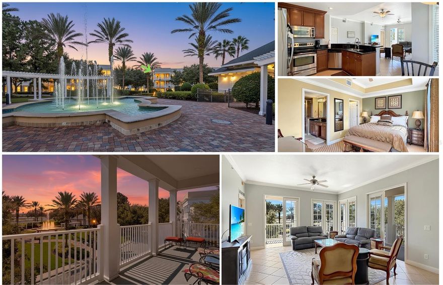 IMPROVED VALUE! DON’T MISS THE BEST-PRICED CONDO WITH A RARE OVERSIZED GARAGE AND UNFORGETTABLE, PICTURESQUE SUNSETS — OPEN TO VIEW DURING THE THANKSGIVING HOLIDAY.  Located In The Terraces At Reunion Resort, This Penthouse Level Corner Unit Offers Complete Peace And Privacy With No Neighbors Above And Convenient Elevator Access. Enjoy One Of The Largest Wrap-A-Round, South-Facing Balconies In The Community Showcasing Picturesque Views Of The Olympic-Style Swimming Pool, Mature Oak Style Trees, And Tranquil Fountain Feature.
Inside, The Living Room Is Filled With Natural Light From Floor-To-Ceiling Windows And Double French Doors That Open To The Balcony, Seamlessly Blending Indoor Comfort With Outdoor Living. The Updated Kitchen Features A Stainless-Steel Refrigerator, Dark Granite-Style Countertops, A Stainless Double Sink With Filtered Water, High-End Wood Cabinetry, And A Breakfast Nook With Bay Windows For Added Sunlight.
The Primary Suite Offers Serene Views Of The Tree-Lined Pool Area And Includes A Walk-In Closet Plus A Separate Owner’s Closet. The Primary Bathroom Features Dual Sinks And A Walk-In Shower. Bedroom Two Includes A Full-Size Bunk Bed And Updated Lighting With A Ceiling Fan. Bedroom Three Offers A Queen-Size Trundle Bed And A Built-In Closet With Generous Storage.
This Residence Also Includes One Of The Largest One-Car Garages Available In The Building, Complete With Overhead Storage Racks And A 50-Amp Outlet Suitable For EV Charging Or Workshop Equipment.
The Property Has Never Been Used As A Vacation Rental And Is Being Offered Fully Furnished And Move-In Ready.
Reunion Resort Offers The Flexibility Of Full-Time Residency, Part-Time Living, Or Optional Short-Term Rental Income (Airbnb/VRBO Friendly). The Gated Resort Community Features 12 Pools, 3 Championship Golf Courses (Palmer, Watson, Nicklaus), A Multi-Million-Dollar Water Park, Seven On-Site Restaurants, Multiple Golf Pro Shops, Six Hydro-Grid Clay Tennis Courts, And Miniature Golf—All Just Minutes From Walt Disney World, Orlando Attractions, Top Beaches, And Orlando International Airport.