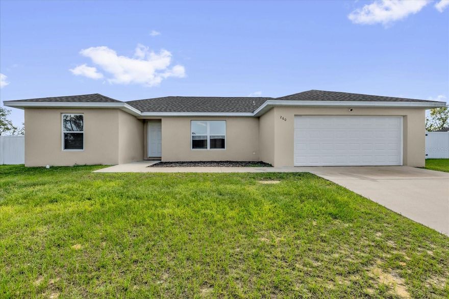 Recently built 2022 home located in the desirable Marion Oaks community. This well-maintained home offers 3 bedrooms, 2 bathrooms, and a spacious fully fenced backyard. The interior boasts a split-bedroom floor plan with an open concept living room, dining area, and kitchen equipped granite countertops and stainless steel appliances. The spacious primary bedroom includes an additional space that can be used as an office, nursery, or sitting area, a walk-in closet, and an en suite bathroom with a tiled shower. The two remaining bedrooms share a guest bathroom with a bathtub. Upgrades throughout the home include vaulted ceilings, luxury vinyl plank flooring for easy maintenance, granite countertops in both bathrooms, and a laundry area with washer/dryer hookup. This property features a fully fenced backyard perfect for a lounge set, outdoor dining area, garden, or grilling station. Located just minutes from the Marion Oaks Community Center, Sunrise Elementary School, Horizon Academy, and conveniently nearby highway I-75 to Orlando, Universal, and Disney World. Submit your offer today!