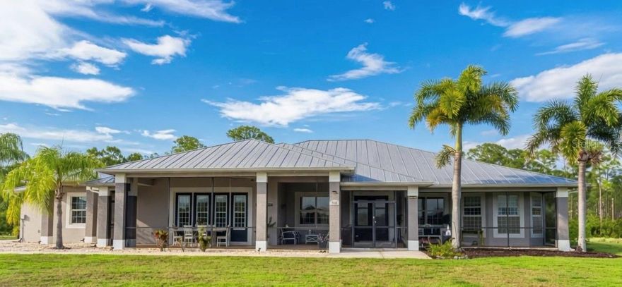 This Lakefront Estate Home with a second private residence is in the gated Lake Geraldine Community in Venice, on 3 acres with 300' frontage on a 30-acre lake, with Myakka State Forest behind. To the Wellen Park schools is 2 miles/5 minutes, on the way to dining, shopping, and the Atlanta Braves Spring Training Stadium. To Englewood Beach is 20 minutes and Venice Beach 30, US 41/ Tamiami Trail 3.3 miles by River Road, I-75 Exit 191 8.4 miles.

This Executive home is ideal for someone who entertains family, friends, and business associates. The detached guest house is perfect for parents or visitors. Both houses and well house have metal roofs. Main house is 5752 SF with 3989 SF heated, high ceilings, crown moldings, porcelain tile throughout living areas, wood plank tile in bedrooms, custom ceiling fans most rooms. 3 BDR, 3 baths, 1/2 pool bath. Foyer opens to formal living room with fireplace and disappearing sliding doors to pool. Formal dining room is open to 26' x 17' kitchen with side by side refrigerator, 75-bottle wine cooler, island 6-burner gas range, custom range hood, island sink, wood cabinetry, granite countertops, and raised counter seating for 6. Dinette seats 4 with bay window to pool and lanai. Family room is open to kitchen, has sliding door wall to outdoor kitchen, pool. Covered seating on pool deck with sliders to living room. Primary Bedroom has walk-in her/his closets. Bath has soaking tub between vanity cabinets, walk area each side to bay window walk-in/through shower, 2 handheld showers and a rain shower & a spray wall, windows view lake for Sunset. Separate water heater for Primary Suite. Outdoor shower by screened /heated saltwater pool. All new pool equipment, replumbed, auto clean, chlorinator, control in Kitchen. 36x20' pool in a Travertine deck 55x30' open & 30x21' covered. 68-foot Travertine covered and screened front porch with room for a dining table, seating area for 4 and a bench, looks over the lake for watching sunsets, and to your private dock, the only one allowed on the lake. 

Well house high volume water softener preserves twin high-pressure filters in a RO system filling the 500 gallon storage tank. DAB pump for constant flow/pressure to the homes. Water goes through carbon tank & calcium tank removing chlorine and correcting  pH. New pressure tank and switches. Irrigation controlled by wireless controller programmed by cell phone. Pump in lake provides irrigation for 12 zones covering the property. A variance reduced the cul-de-sac ROW by 10', $27K in high quality fill added to allow a wall/ gate on the front, and along the driveway opposite the garage for an additional garage/ storage building. If power goes out the generator powers the house including A/C. The lot sides & rear are fenced. 

Guest House: built 2012, 1512 SF total, 862 SF conditioned space. Propane generator w/ 250 GL tank. New AC in April. Complete renovation 2023-4: luxury vinyl floor, new kitchen cabinets, appliances, fixtures, quartz counters with waterfalls, new bath vanity/ fixtures, backlit pantry/linen & mirrored bedroom closet doors. 12x14' bedroom, 12' closet. Added 22x36' rear deck with screen enclosure to the covered deck. Living room has 2-side corner sliders opening to deck with outdoor shower & plumbed for outdoor kitchen. 150x90' fenced rear yard. Commercial hexagon Tiki bar, swings and fire table by the lake. Many large palm trees and landscape with blooming trees added to complete a back yard oasis.