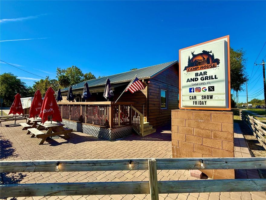 Located right off SR 46 in Sanford near i4. 

Rare opportunity to acquire a staple of the Sanford hospitality scene with this comprehensive turnkey offering. This sale includes the fully licensed and operating business known as the Camp House Bar and Grill, the prime real estate, and all Furniture, Fixtures, and Equipment (FF&E). Perfectly positioned on a high-visibility corridor with heavy daily traffic counts, the property features a .24-acre lot with favorable PD zoning and exceptional road frontage. The site is anchored by high-impact, lit pole signage, ensuring 24/7 visibility to thousands of daily commuters and local residents. The building’s welcoming and rustic aesthetic provides a versatile environment that can accommodate a variety of concepts or continued growth of the current brand.

The business is being sold as a true "plug-and-play" operation, currently run by a manager/operator with a dedicated staff in place who are willing to stay on, providing a seamless transition for the new owner. As the seller shifts focus to other ventures, this presents a unique chance for an investor or owner-operator to step into a fully staffed and functional venue without the typical startup delays. Please do not disturb the staff or patrons; all inquiries and showings must be coordinated through the listing broker.