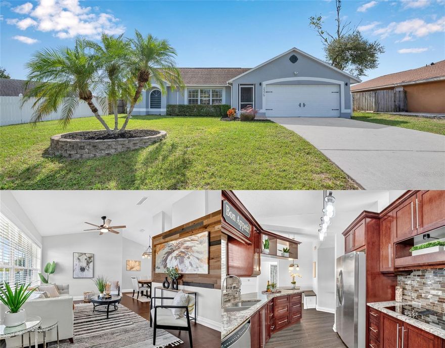 Discover this stunning & beautifully renovated 4-bedroom Deltona gem!! HVAC (2023), Roof (2017), Water Heater (2023)! Stunningly updated, move-in ready, and packed with features you’ll love including: a spacious layout, split floorplan, a gorgeous modern kitchen, and an incredible backyard retreat! Perfectly situated on a high and dry lot with no flood zone, this home offers multiple living areas - a formal living room, a separate family room, dining room, and cozy dinette - giving everyone space to relax or entertain. The upgraded kitchen shines with granite counters, dark cherry wood cabinets with plenty of storage, stainless steel appliances, and a window overlooking your fully fenced backyard and loved ones. Enjoy LVP flooring & wood laminate throughout the entire home (no carpet!), a private primary suite with split-bedroom design, and a convenient indoor laundry room with washer and dryer included! Step outside to your outdoor oasis featuring a brand-new rear fence, a 16’x16’ screened porch, extra storage sheds and a peaceful, well-kept neighborhood close to parks, shopping, and major highways—this home truly has it all!