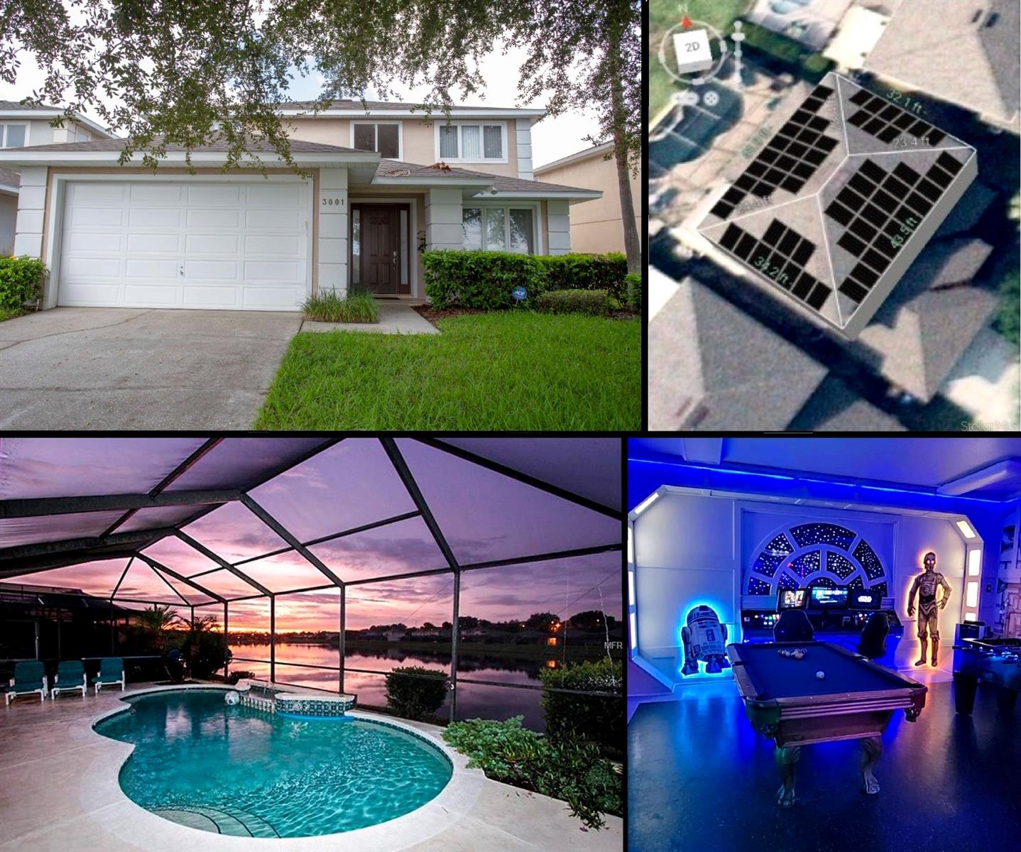 GREAT PRICE IMPROVEMENT! Beautifully and professionally decorated 5 Bedroom and 4 full Bath luxury home in one of the most sought after Resorts in the Disney area, The Sunset Lakes! AMAZING BONUS: Brand new and included in price, fully paid LG Solar Energy System (LG NeON®?). This fantastic U$50k energy solar system is only 3 year old, with at least 25 more years of excellent productivity. If property wil be used as primary residency, chances are new homeowner will pay only a basic energy fee, almost zero consumption. The new homeowner will also take advantage of the Florida Net Metering (sell any excess solar energy back to the grid) as long as he/she owns the house. This stunning home has 2 bedrooms downstairs, one being a Master Suite with double glass sliding doors leading to patio/pool area, king sized bed, and in-suite bathroom with his and hers closets, double sink with granite countertop vanities. And the other one bedroom with a full on full bunkbed is located at the front of the house. There's also a full bathroom downstairs with access to the entryway and to laundry and garage area. The living room/kitchen and dining room combination make perfect space for entertaining with double panel glass sliding doors with amazing views to pool / patio area and community pond. Upstairs you will find a catwalk with views to below and also views to the community pond. At the right side you will find another 2 exquisite and beautifully decorated bedrooms sharing a full bathroom. At the right side you will find a spacious closet on the hallway and another Master Suite with king sized bed, and in-suite bathroom with double sink with granite countertop vanitiy. Also a huge walk in closet inside bathroom area. This extra large Master Suite is boosted with a balcony facing the pond, perfect for sunset views relaxation. Not enough, the garage has been converted into a splendid Star Wars themed Game Room, featuring top of the art scenario, a small pool table, electronic basketball game, foosball tablet, and a starship cockpit replica with screen tv and video game console. Also a dedicated small AC unit connected to a timer for those hot days of gaming. The Game Room can be easily converted back to a normal two car garage. Spend your days relaxing inside or grilling some BBQ in the outside kitchen in the patio with private pool and view to exclusive and beautiful community pond. NO front neighbors or construction allowed in front of the house with views to a conservation area. COMPLETE AND FULLY FURNISHED including all décor pieces, big screen tvs, appliances, and gaming equipment in the gameroom! Make this your primary or second home or even an extra income property. Whatever you choose, it’s move in ready! Easy access to US 192, 429, I-4 and Route 27, with Disney just minutes away, restaurants and shopping on the doorsteps. Other incredible features: outdoor security system with recording video camera and internet connection to monitor; Schlage electronic door lock Code with internet connection and app control possible to add up to 30 different codes; WATERWAY OASIS automated pool system with internet connection and app control in which you can monitor pool pump, temperature, lights and also schedule operating times; A/C thermostat with internet connection and able to control by distance. Writting description doesn´t do any justice to this gem! Make your appointment today, because this gorgeous home won't last!!