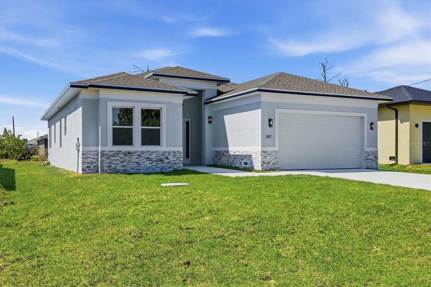 Step into modern Florida living with this brand-new 4-bedroom, 2-bath, 2-car garage home offering 1,875 sq ft of bright, open, thoughtfully designed space in the highly loved Rotonda Heights community. Built in 2026, this home blends quality craftsmanship with clean, contemporary style. Inside, you’ll find all-tile flooring throughout, stone counters, and soft-close cabinetry. The kitchen features all-new stainless appliances, and the home even includes an interior laundry with cabinets and a washer and dryer—truly move-in ready. High ceilings, gracious front entry, and abundant natural light create an inviting, airy feel from the moment you walk in. Both bathrooms are beautifully appointed with double-sink vanities, and the split floor plan offers privacy and functionality. Storage is abundant, with multiple closets throughout and a huge walk-in closet in the primary suite. Every window and door is impact-rated, giving you peace of mind year-round. Enjoy outdoor living with a covered front porch and a covered back patio, perfect for relaxing or entertaining. The backyard offers ample space to add a pool, giving you room to expand your Florida lifestyle exactly the way you want it. Located in a quiet, well-kept neighborhood, this home is just minutes from Gulf beaches, boating, shopping, and dining. Rotonda West is known for its friendly atmosphere, public water and sewer, low annual HOA fee, and moderate deed restrictions that help maintain the community’s charm without being overbearing. Whether you’re looking for a full-time residence, seasonal escape, or a strong rental investment, this home checks every box. Priced to sell and ready for its first owner.