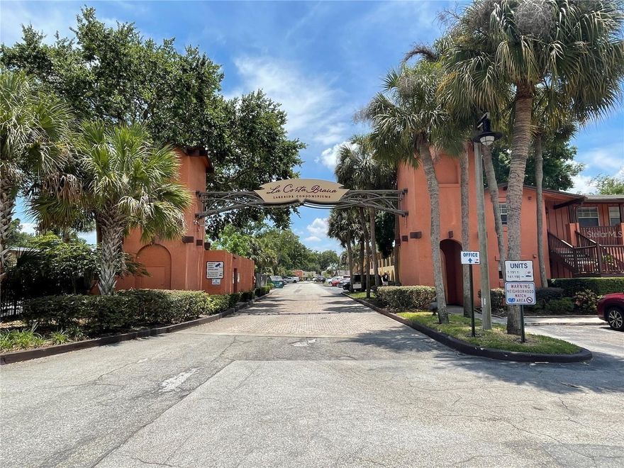 Welcome to La Costa Brava! First floor condo with open floor plan, screened patio, fitness center, lake views, and 2 community pools. Laminate floors in the living room, dining room, and bedroom; tile in the kitchen and bath.