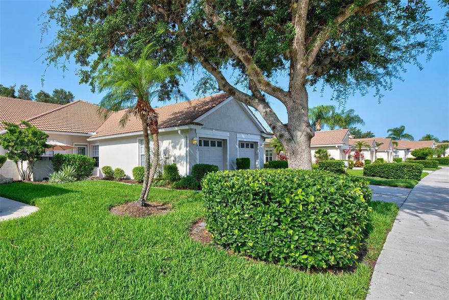 Here is your chance to call Pelican Pointe Golf & Country Club home.  This spacious villa offers over 1300 sq. ft. of thoughtful design with 2 bedrooms, 2 bathrooms, living and dining room combination and large eat-in kitchen.  42” white cabinets, loads of counter space, pantry, breakfast nook with window overlooking a courtyard lends itself to a bright airy feeling.  The master suite features dual sinks, shower, and huge walk-in closet.  Sliding glass doors allow access to the lanai.  The guest bedroom features a large walk-in closet and affords privacy, separated from the master in this split plan design.  Guest bath has a tub/shower combination and large linen closet.  Inside laundry with closet provides additional storage as does cabinetry in the one car attached garage.  Enjoy stunning sunsets from the lanai overlooking a greenbelt and peak of the nearby lake where you might just catch a glimpse of eagles fishing the pond.  Freshly painted in a neutral palette.  Property is being sold turnkey furnished with a few personal exceptions.  Pelican Pointe is a premier golf community where membership is not mandatory.  Your association fee includes a social membership where you can enjoy the clubhouse with grille room and bar, heated pool, fitness center, tennis courts, pickle ball, library, and tons of social activities.  27 holes of golf and pro shop available.  Maintenance free living at its finest where lawn care, roof, pest control, basic cable and internet are included.  Come enjoy the Florida Lifestyle! Room Feature: Linen Closet In Bath (Primary Bedroom).