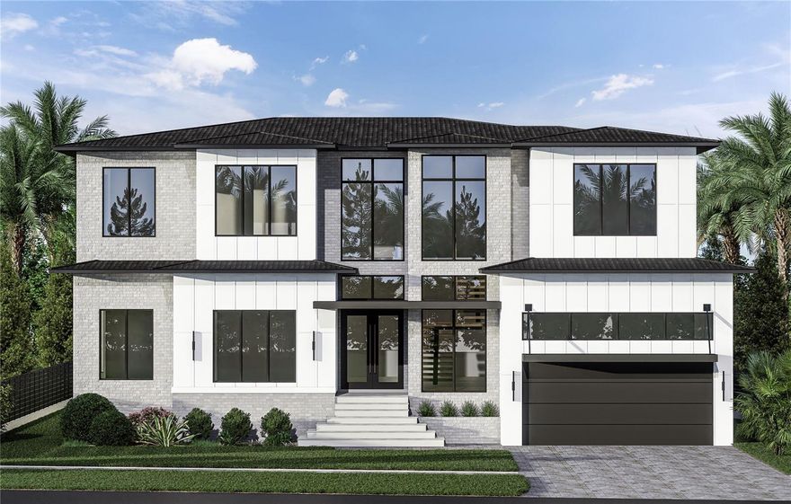 Under Construction. Introducing 609 Alda Way NE, a modern luxury residence in the making, designed with elevated architecture, refined finishes, and effortless indoor/outdoor living. Set on a 9,750 sq ft homesite, the façade blends McNear thin brick with Hardie board accents, bronze impact-rated ESW casement windows, a steel entry door, metal awnings, and a charcoal plank paver drive with in-ground step lighting. Inside, 12ft first-floor ceilings and a dramatic two-story glass entry set the tone. Wide-plank 7" European white oak floors, sleek crown/base profiles, premium lighting, and custom woodwork add warmth and sophistication. The great room pairs 3-panel sliders with a statement fireplace wrapped in large-format slab stone and built-ins, all under a tray ceiling with recessed LEDs. The chef's kitchen (design in progress) is planned with Skinny-Shaker cabinetry, a quartz-wrapped hood, waterfall island, designer backsplash and lighting allowances, and a Wolf/Sub-Zero appliance suite. An elegant study features a tray ceiling and accent wall. Thoughtful utility includes both downstairs and upstairs laundry. The primary retreat is envisioned with an accent wall, tray ceiling with LEDs, and a sitting area with cabinetry/shelving and beverage chiller. The spa-inspired primary bath will showcase luxury flooring/casework, an oversized shower with rain head, Kohler fixtures, and a soaking tub on an elevated platform. Secondary baths are curated with designer tile palettes and high-end selections. Outdoor living shines with a covered lanai, summer kitchen (36" Lynx gas grill & wrapped hood), stone accent wall, 24×24 porcelain pavers, and premium pool tile, plus a dedicated pool bath. Additional highlights include CHI Plank Skyline garage doors (Graphite), a shingle roof, and a tropical landscape package with lighting. Pre-construction / in-process: final selections and finishes subject to change; inquire for the current specification sheet and allowances. Renderings/selections are conceptual and may evolve during construction.