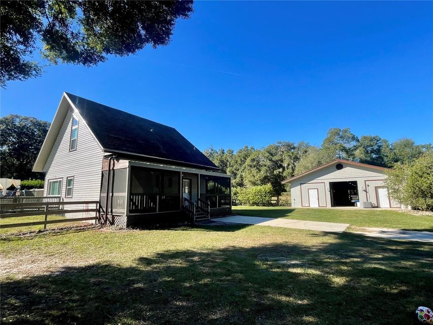 Great property now for sale in NW Ocala  A1/Zone “X” in highly desirable Meadow Wood Farms!  A big 4.4 Acre beauty with privacy fencing and gated entrance.  New 4 board and no-climb fenced, Hurricane proof cement block barn is 2900 soft with AC Tack/sitting room/office, hay and feed room and wash rack!  6-14x12 cement stalls including auto water, fans, fly system throughout, grass field for jump or dressage, 4 runouts and 2 pastures. 1-50 Amp RV hook up fenced with its own septic and water.  New Well Pump 2024.  Newer Roof 2021, AC 2019, 2024 Well Pump, New Windows 2021. Home and Barn/Roof Professionally painted.   Newly Pumped Septic tank, Generator Hook up, all make this  a great investment/1st time home owner with beautiful level paddocks and the to die for barn.  This one is ready to go bring your horses or your RV and enjoy the summer under the shade.  After a long day, walk out the sliding glass doors and relax in the above ground pool with surrounding freshly painted wooden deck, w/updated shade sails and new sand filter/pump along with a new vacuum.  While the barn is important this 2 story 2/2  with a Florida Room (make it an extra bedroom or office) is updated and makes a perfect nesting home for the Equestrian Enthusiast.  Adorably designed A-Frame could easily be an AirBnB or make it your “stay” while showing during the nearly year round show circuits.  Easy In and Easy Out to W328 just minutes to WEC/HITS/OBS and a short drive to the Horse Park or the Florida Greenways!  This one checks all the boxes and is a wonderful opportunity to be in Ocala The Horse Capital of the World.  Call for a showing appointment we don’t think this one will stay on the market long.